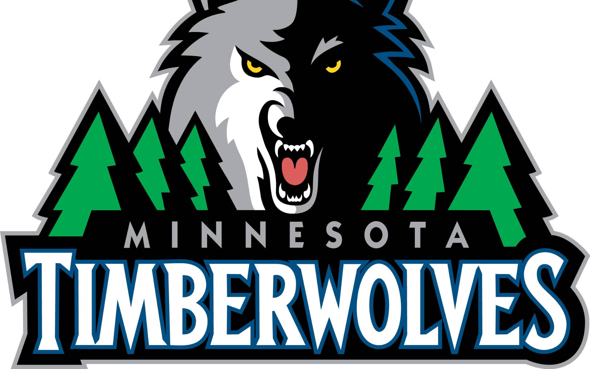 Timberwolves 桌布 壁紙 — 一隻兇猛的灰狼，黃眼睛，在綠色松樹和粗體明尼蘇達灰狼隊文字後面咆哮。