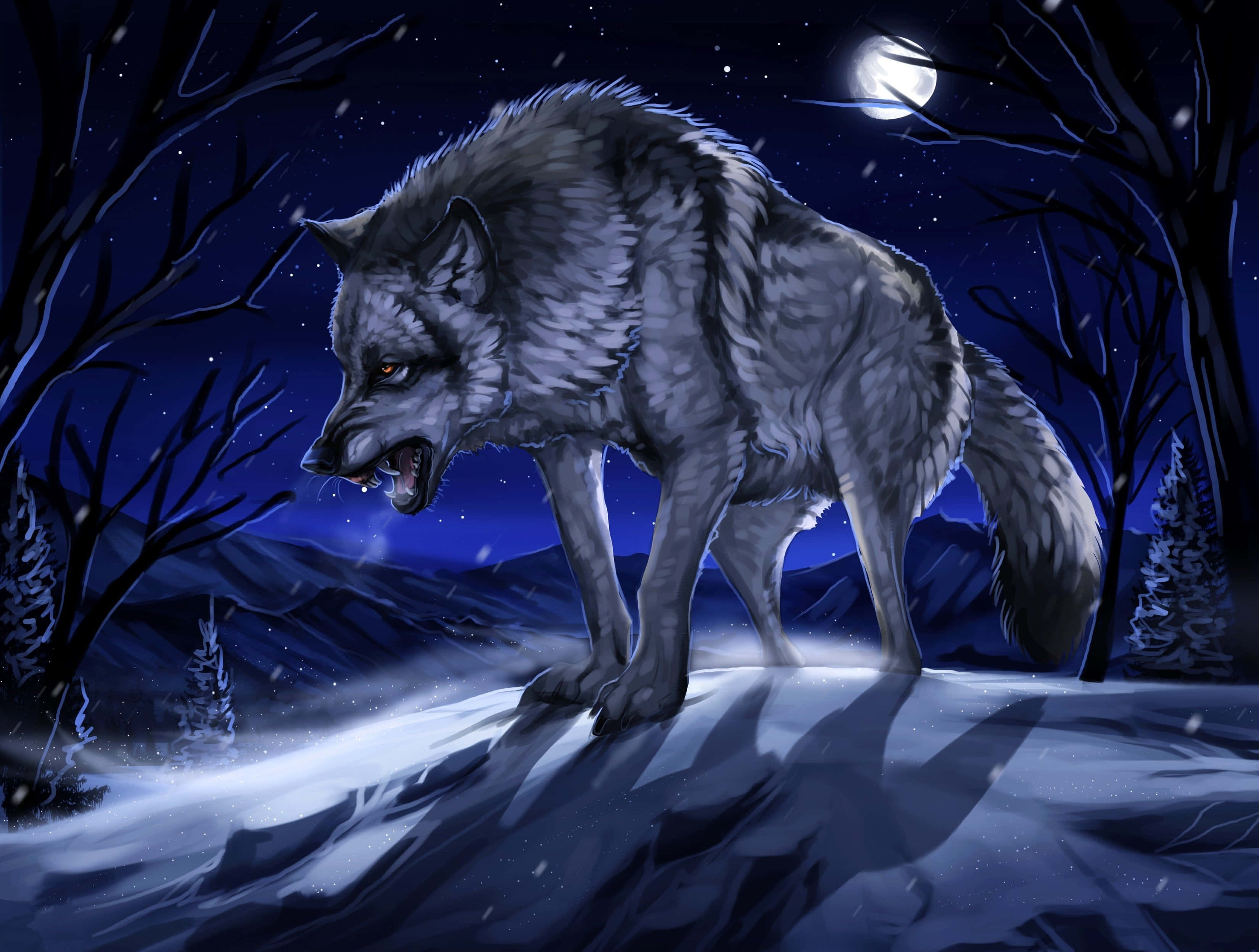 3d Wolf 桌布 壁紙 — 一隻兇猛的灰狼在滿月下嚎叫，背景是白雪覆蓋的冬季森林，有光禿禿的樹木和遠山。