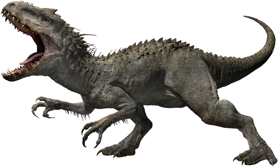 Jurassic World 桌布 壁紙 — 一隻兇猛的灰色獸腳類恐龍，背上有尖刺，張開下顎，在黑色背景前向前猛撲。
