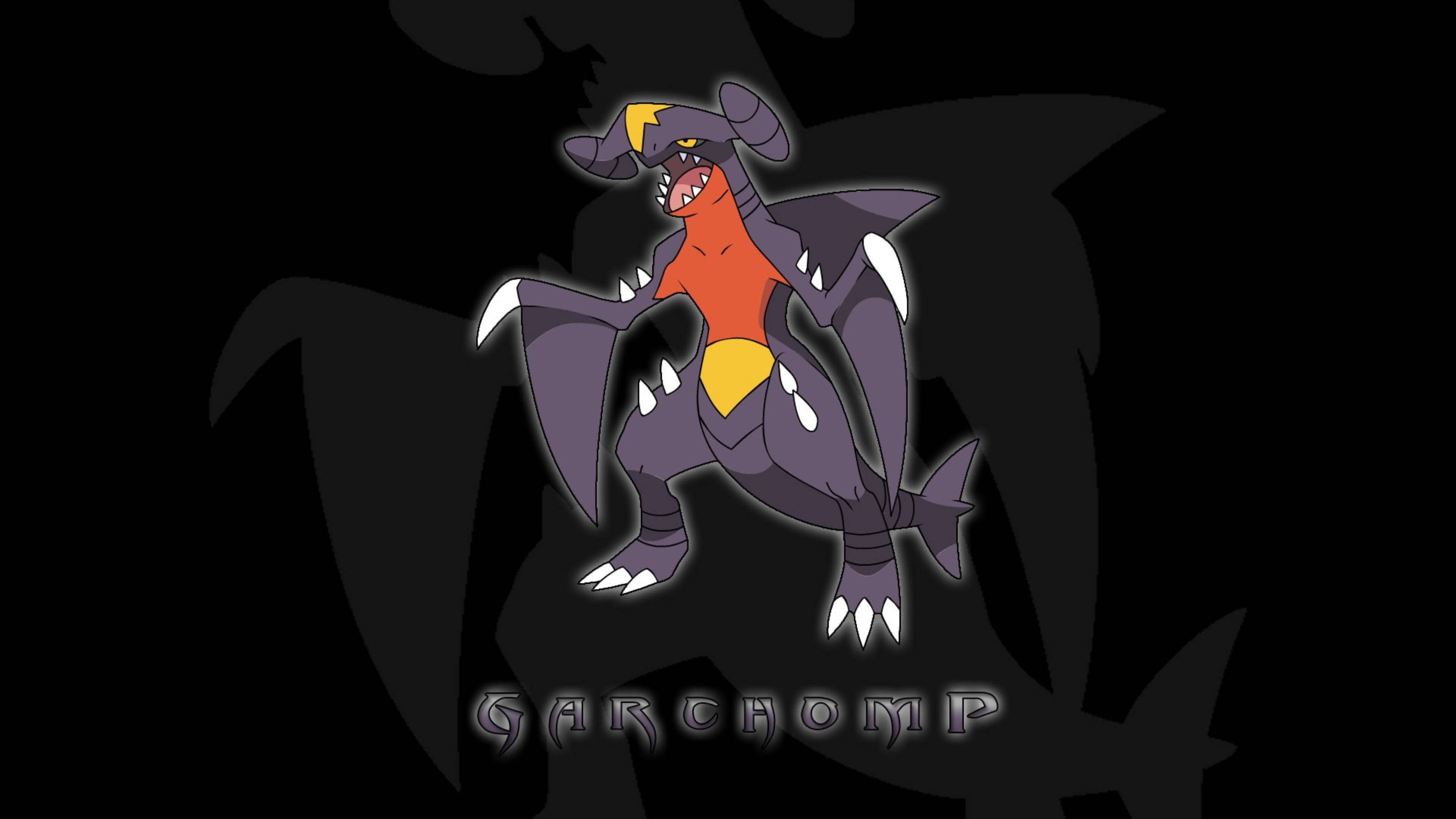 Garchomp 桌布 壁紙 — 一隻兇猛的烈咬陸鯊在黑暗背景前擺出姿勢，身後有發光的輪廓和陰影輪廓。
