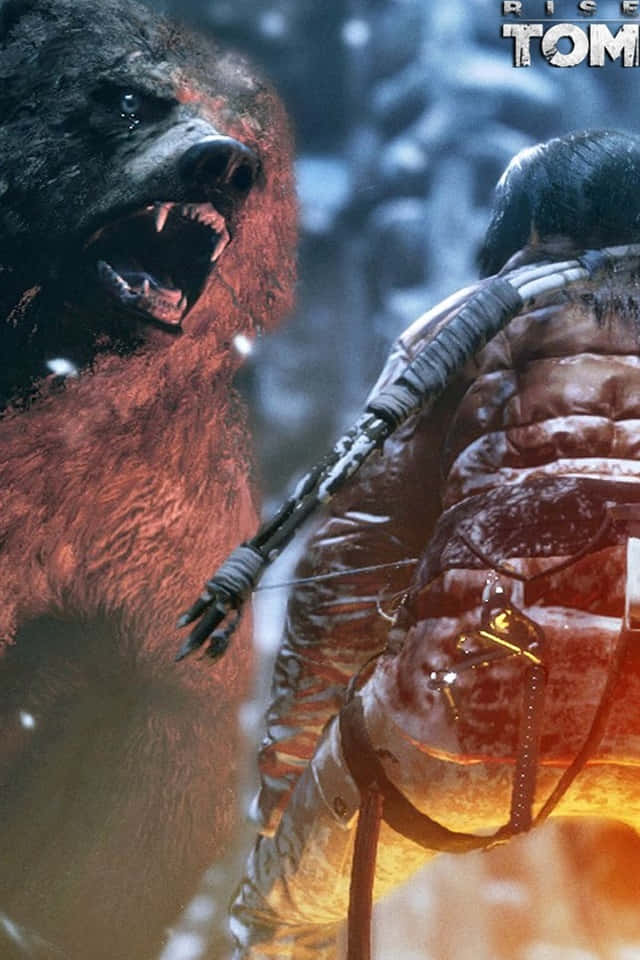 iPhone Xs Rise Of The Tomb Raider 桌布 壁紙 — 一隻兇猛的熊在雪地森林中撲向獵人，他的裝備散發出溫暖的光芒。