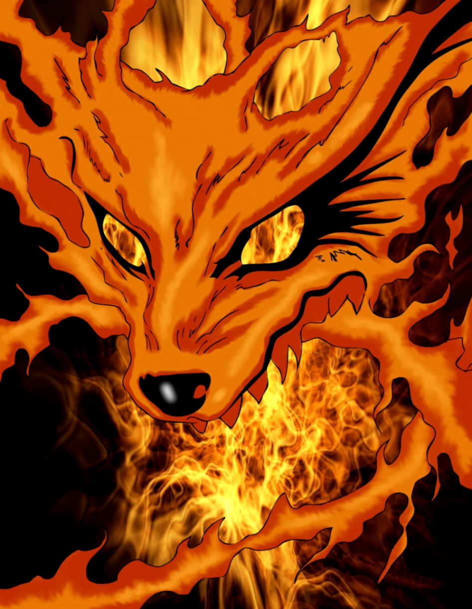 Naruto Fire 桌布 壁紙 — 一隻兇猛的狐頭惡魔，在黑暗背景中被咆哮的橙色火焰吞噬。