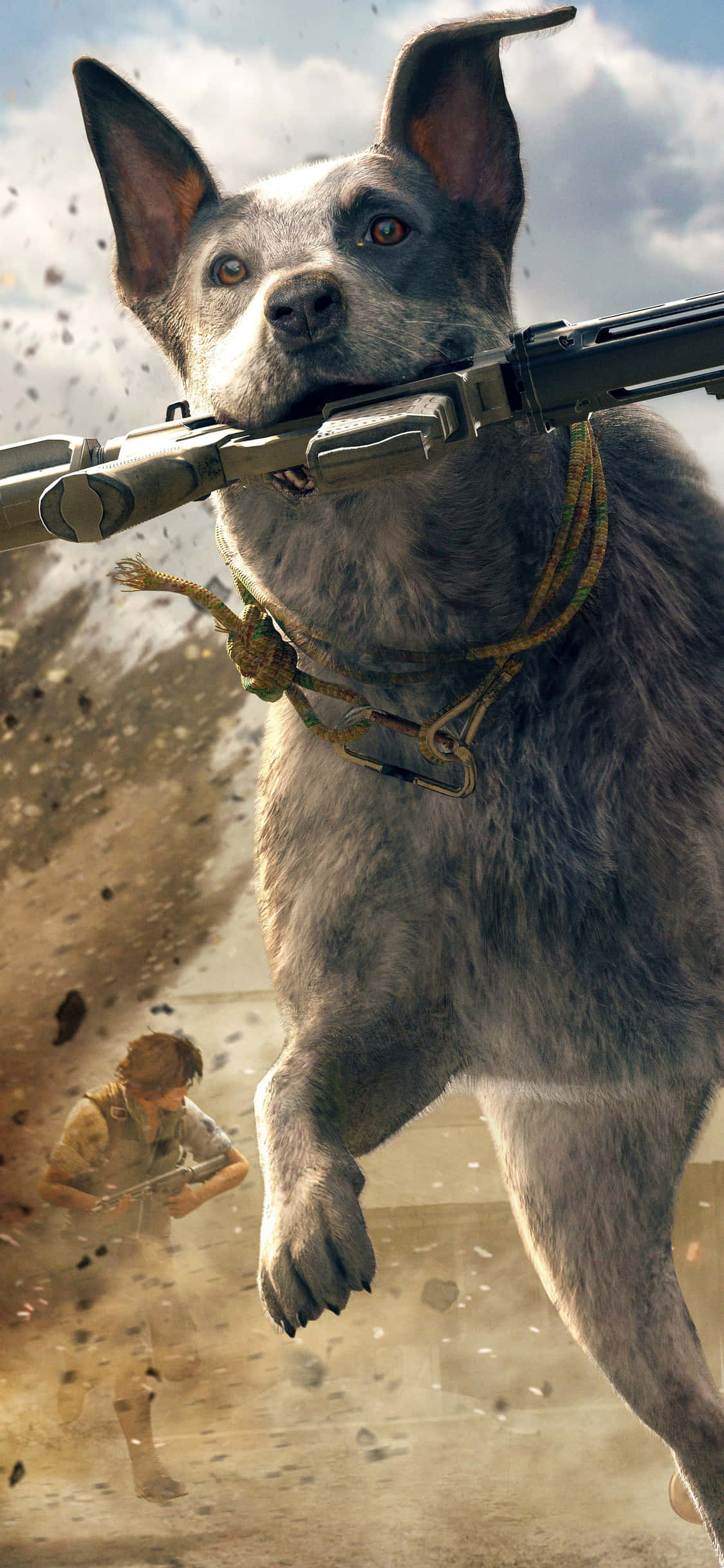 iPhone Xs Far Cry 5 桌布 壁紙 — 一隻兇猛的狗嘴裡叼著步槍，跳過塵土飛揚的空氣，下方有一名士兵。