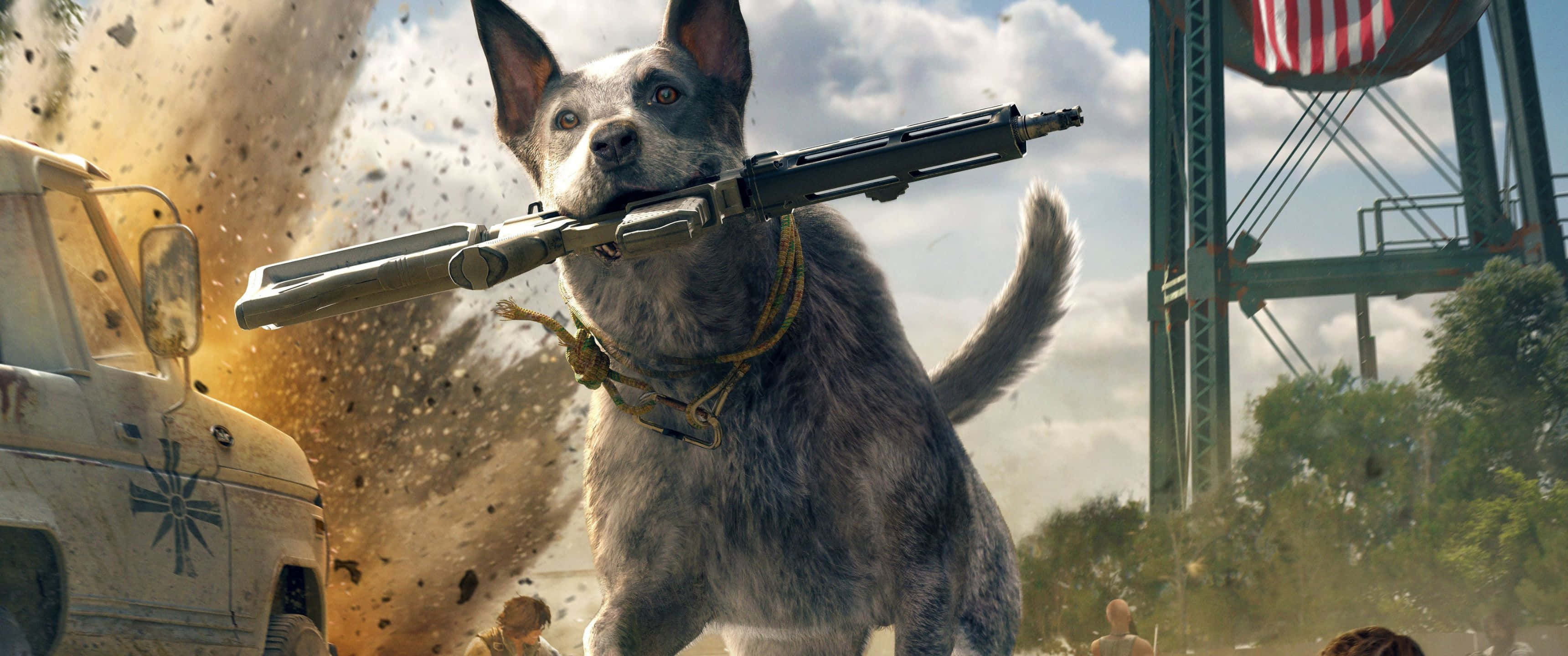 3440x1440p Far Cry 5 桌布 壁紙 — 一隻兇猛的狗嘴裡叼著步槍，身處戰場爆炸中，背景有水塔和美國國旗。