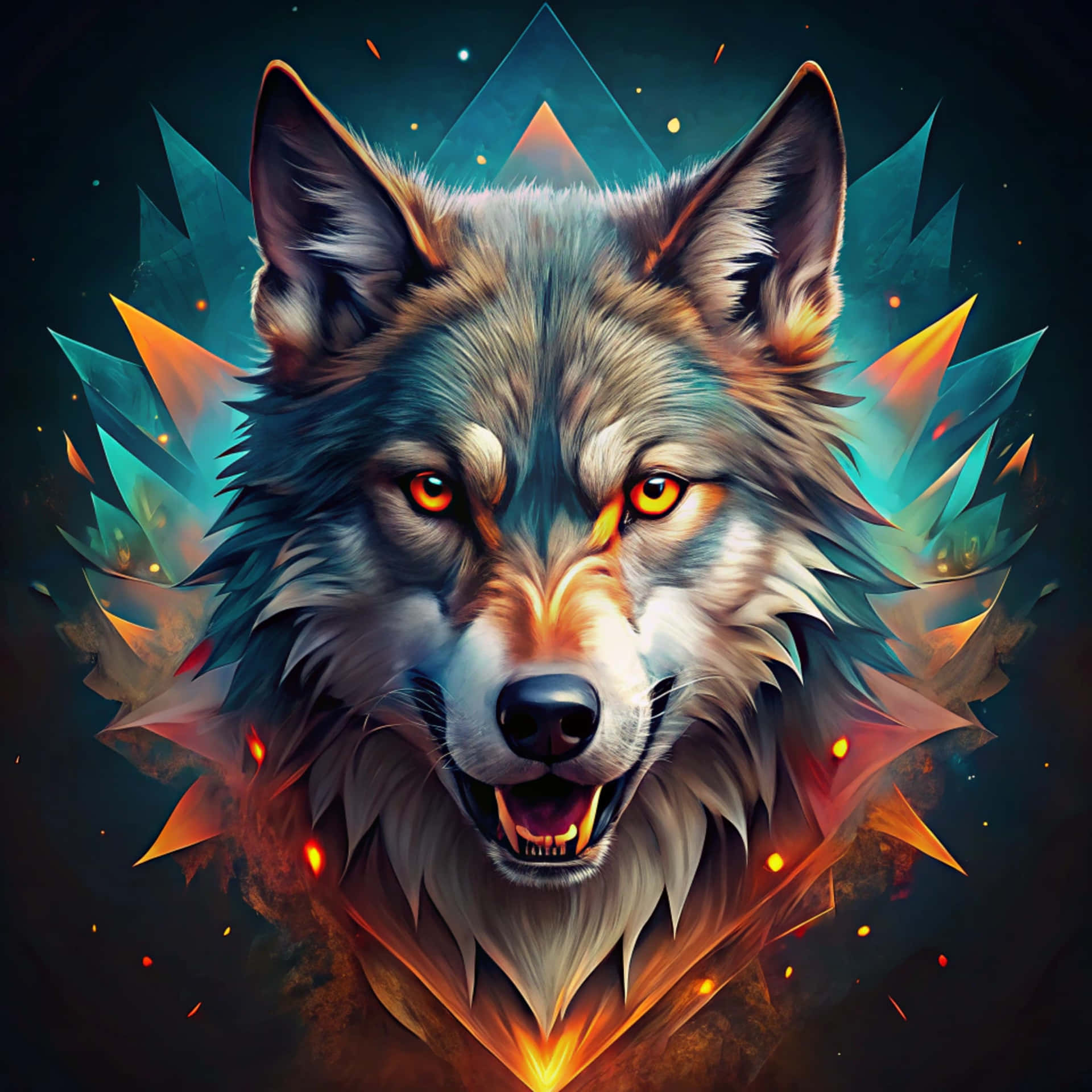 Angry Wolf 壁紙 — 一隻兇猛的狼，擁有發光的橙色眼睛和鋒利的牙齒，向前凝視，被熾熱的橙色和冰冷的藍綠色幾何碎片包圍，背景是黑暗的宇宙。