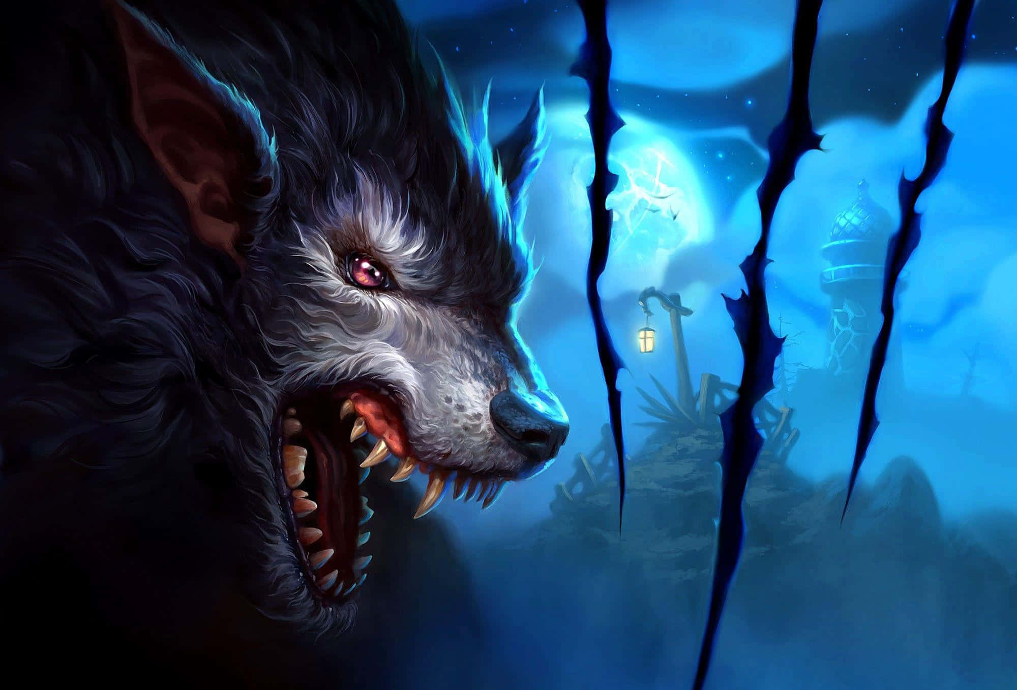 3d Wolf 桌布 壁紙 — 一隻兇猛的狼人，雙眼發出紅光，在發光的藍色月亮下穿過鋸齒狀的黑色樹枝咆哮。