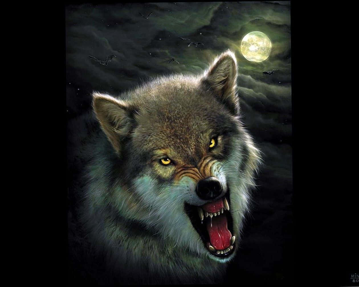 Angry Wolf 桌布 壁紙 — 一隻兇猛的狼在滿月下，對著黑暗多雲的夜空，發出咆哮，眼睛發出黃光。