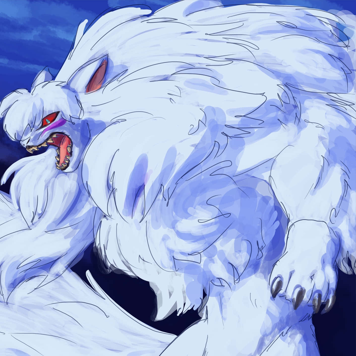 Inuyasha Yokai 桌布 壁紙 — 一隻兇猛的白狐，雙眼發出紅光，對著深藍色的天空咆哮，毛髮動態飄揚。