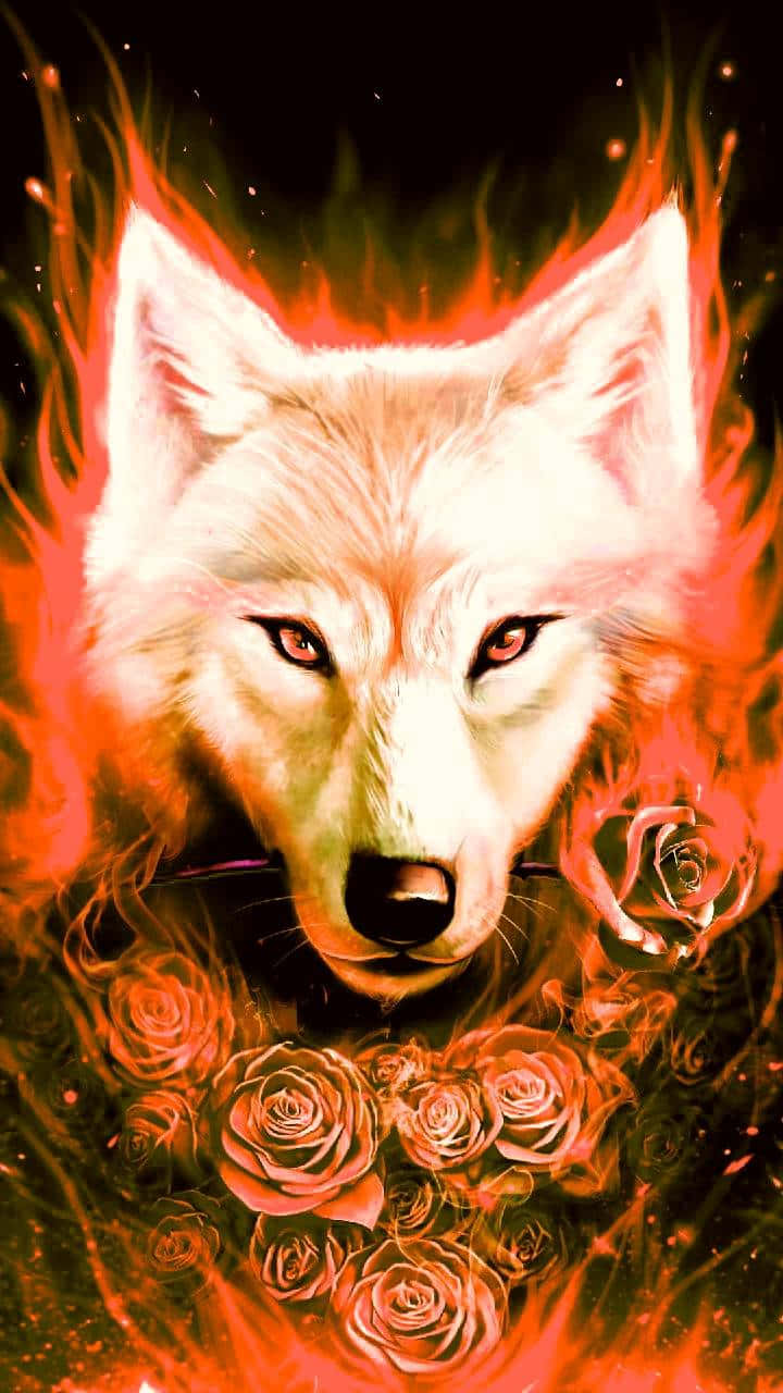 Red Wolf 桌布 壁紙 — 一隻兇猛的白狼，眼睛發出紅光，從熾熱的橙色火焰中出現，周圍環繞著深色玫瑰，背景為黑色。