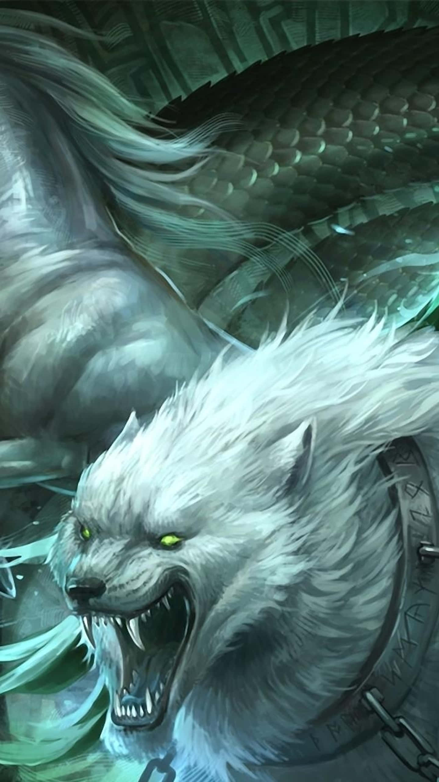 Epic Wolf 桌布 壁紙 — 一隻兇猛的白狼，眼睛發出綠色光芒，在一場神秘的戰鬥中被鎖鏈拴在一條暗色鱗片巨蛇上，咆哮著。