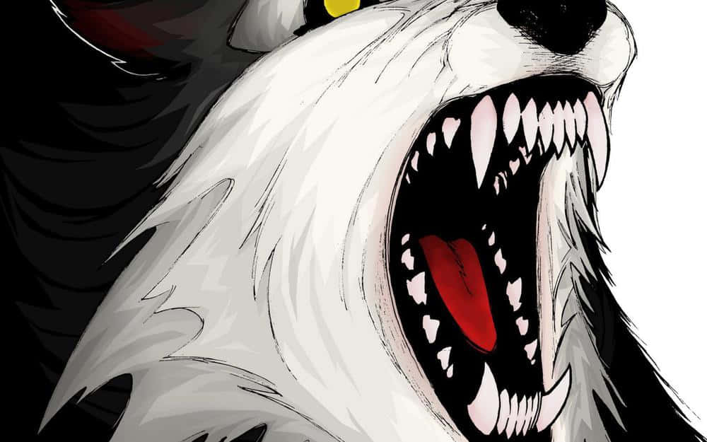 Angry Wolf 桌布 壁紙 — 一隻兇猛的白狼，眼睛發出黃光，露出牙齒和紅色舌頭，在黑白背景下咆哮。