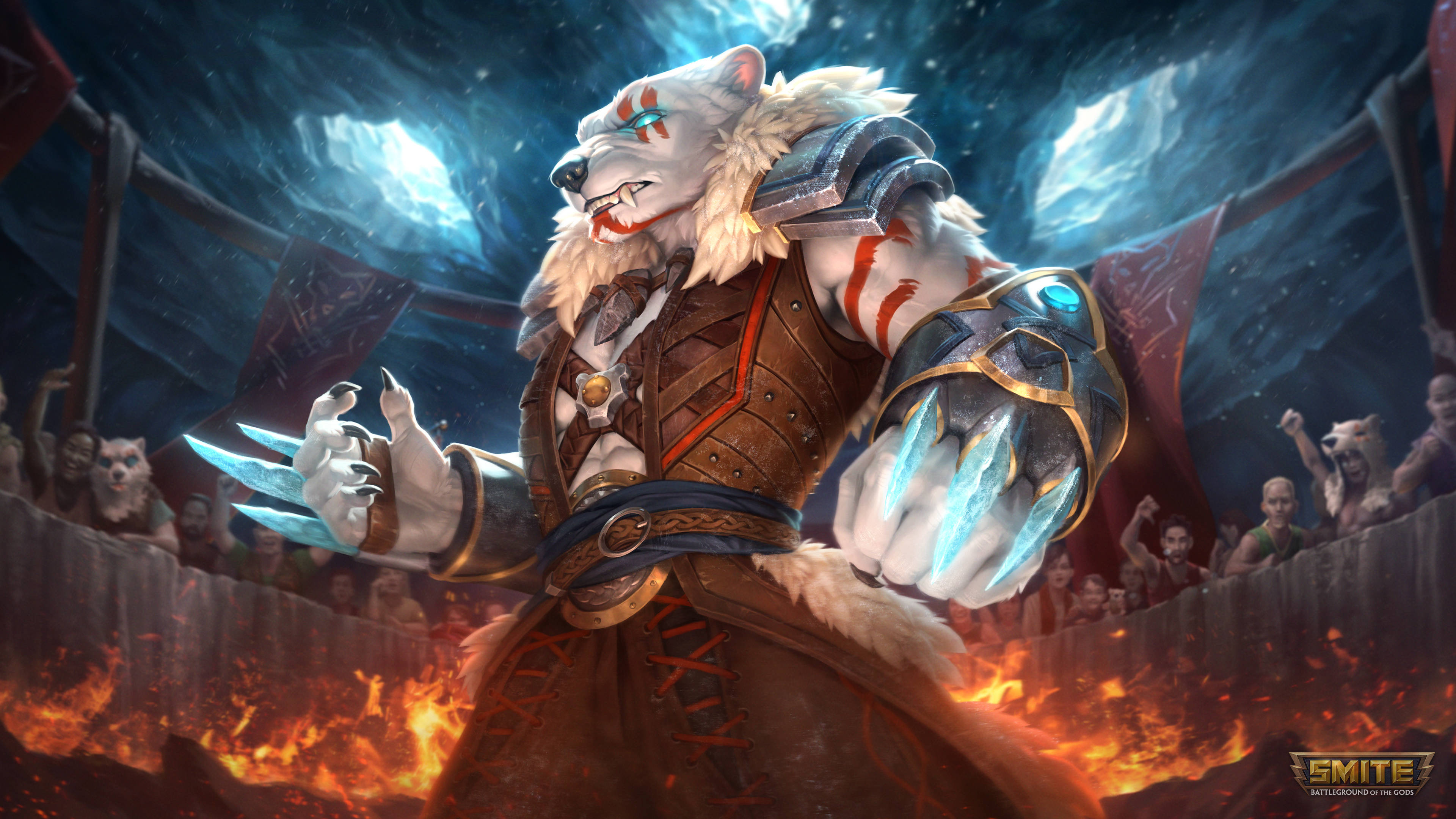 Ravana 桌布 壁紙 — 一隻兇猛的白狼戰士身穿盔甲，站在熾熱的競技場中，發光的爪子舉起，背景中觀眾在咆哮。