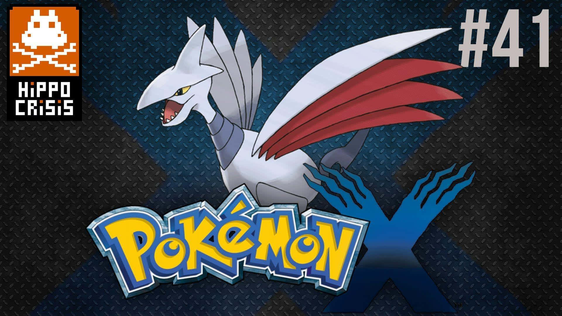 桌布 壁紙 — 一隻兇猛的白紅龍寶可夢在深色紋理背景上咆哮，帶有 Pokémon X 標誌和數字 41。