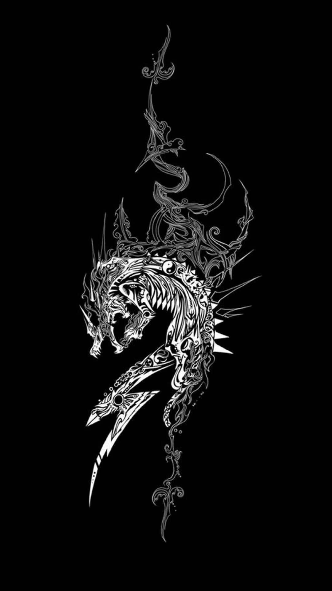 龍 桌布 壁紙 — 一隻兇猛的白色彩繪部落龍，帶有華麗圖案和鋒利尖刺，在純黑背景上浮現。