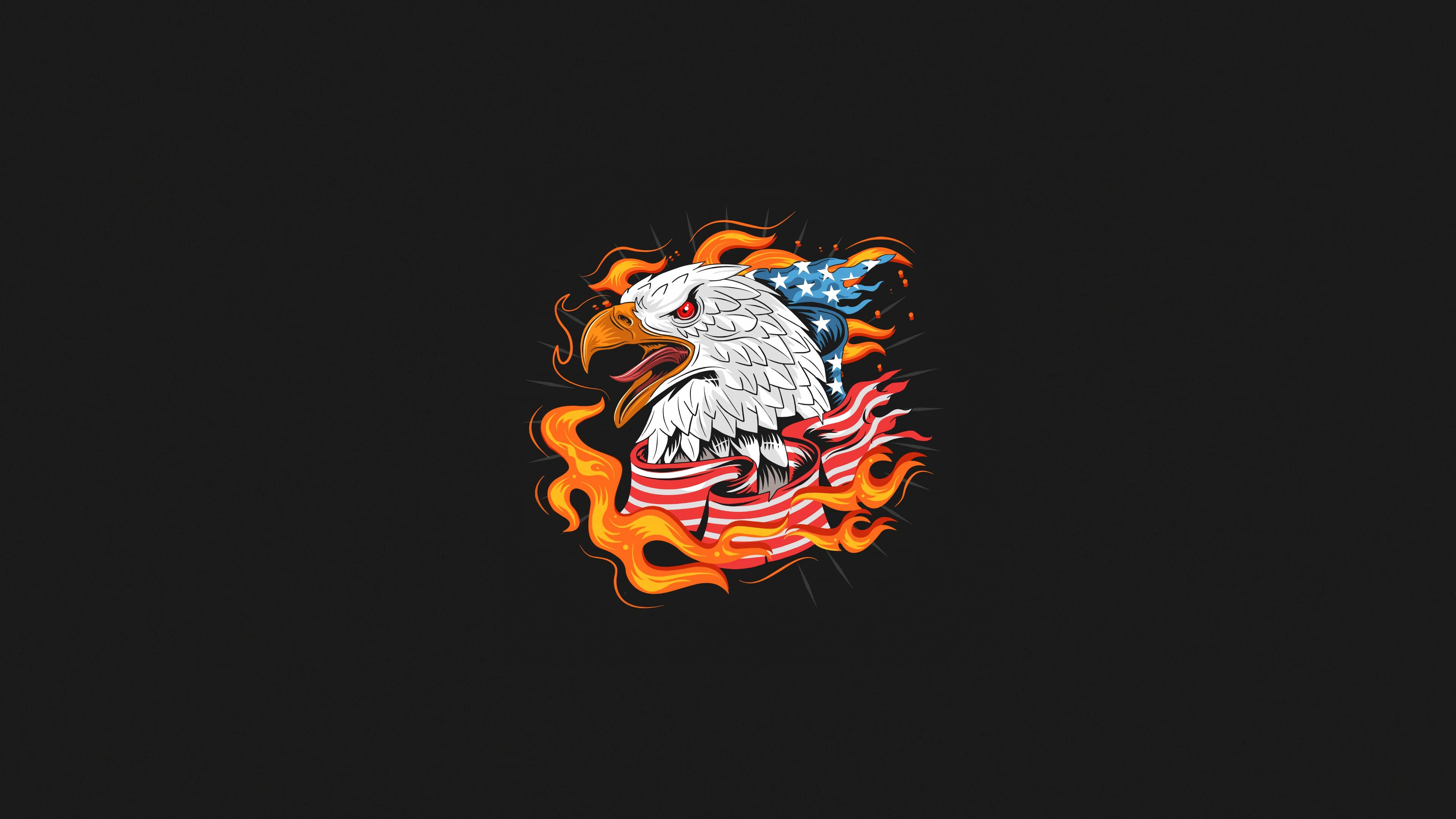 Eagle 桌布 壁紙 — 一隻兇猛的白頭鷹，紅眼睛，橙色火焰纏繞，將美國國旗包裹在頭上，背景為黑色。