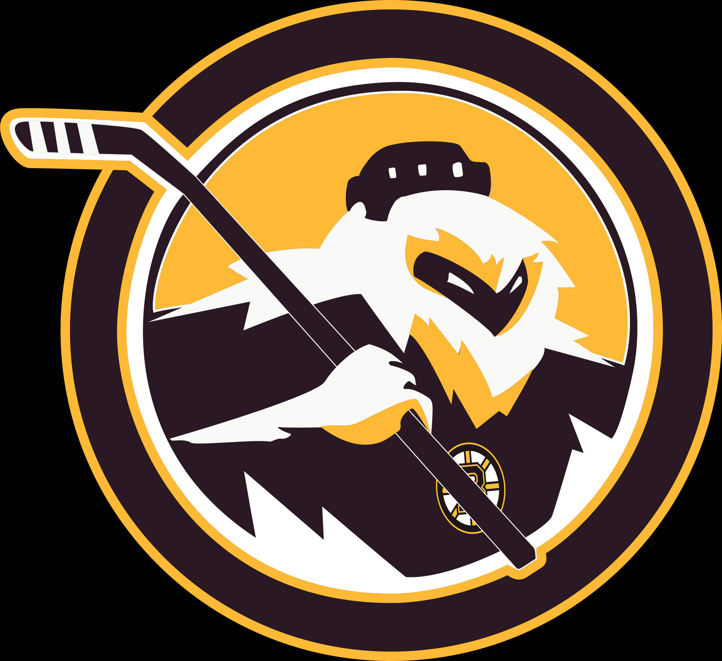 Boston Bruins Logo 桌布 壁紙 — 一隻兇猛的白鷹帶有黃色點綴，在一個大膽的圓形徽章中抓住曲棍球棒，徽章以黑色和金色為特色。