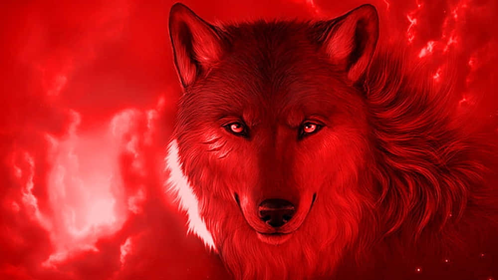 Red Wolf 桌布 壁紙 — 一隻兇猛的紅狼在旋轉的深紅天空和發光的白雲背景下，強烈地凝視著。