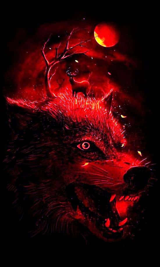 Red Wolf 桌布 壁紙 — 一隻兇猛的紅狼對著黑暗的天空咆哮，背景有發光的紅月和一棵光禿禿的樹上的幽靈鹿。