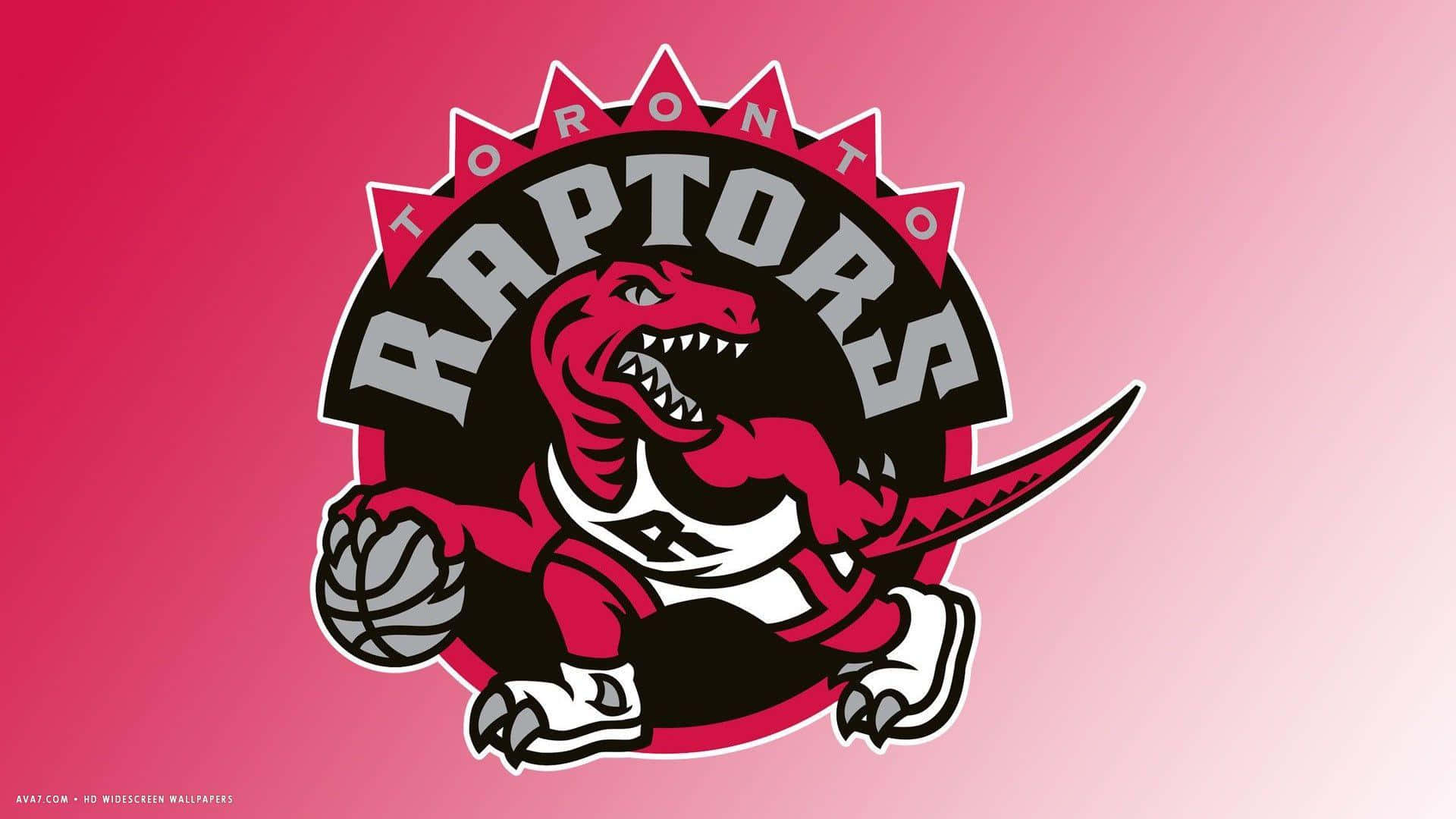 NBA Teams 桌布 壁紙 — 一隻兇猛的紅色恐龍吉祥物拿著籃球，大膽地站在漸變粉紅色背景前，上方有拱形的「TORONTO RAPTORS」字樣。