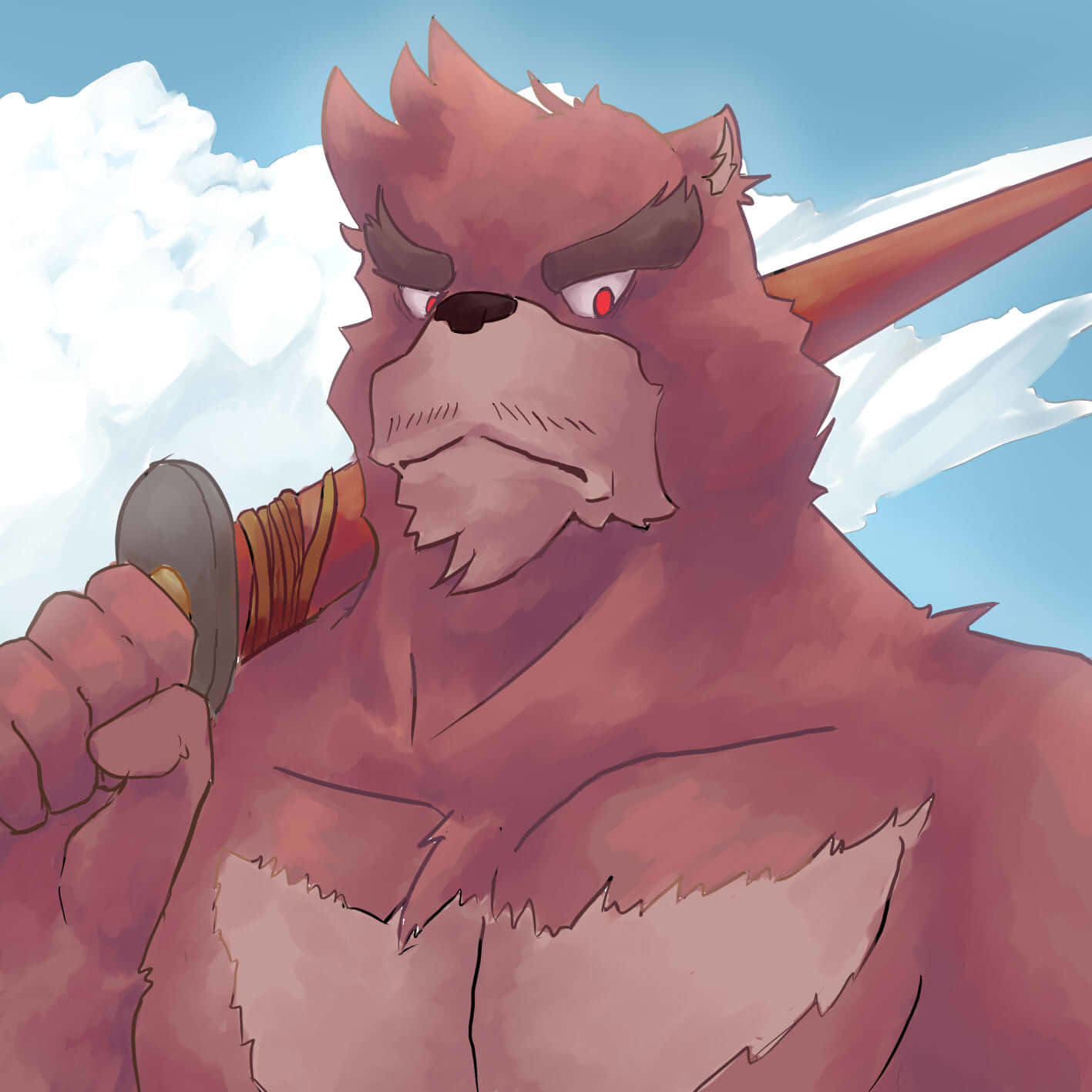 The Boy And The Beast 桌布 壁紙 — 一隻兇猛的紅色毛髮擬人化狼，擁有發光的紅色眼睛，在藍天白雲下緊握著一把劍。