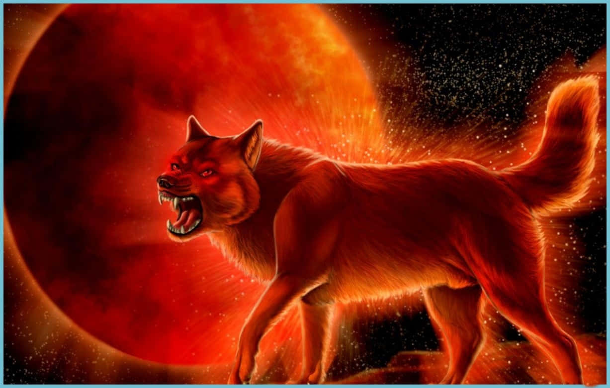 Red Wolf 桌布 壁紙 — 一隻兇猛的紅色狼在繁星點點的宇宙虛空中對著熾熱的深紅色行星咆哮。