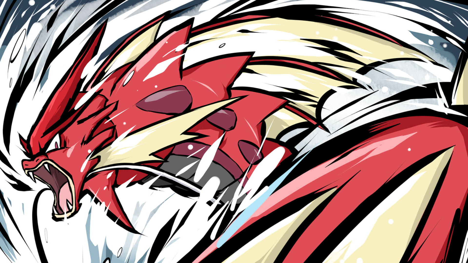 Gyarados 桌布 壁紙 — 一隻兇猛的紅色龍在風格化的動漫插圖中咆哮，帶有動態的動作線條和電能。