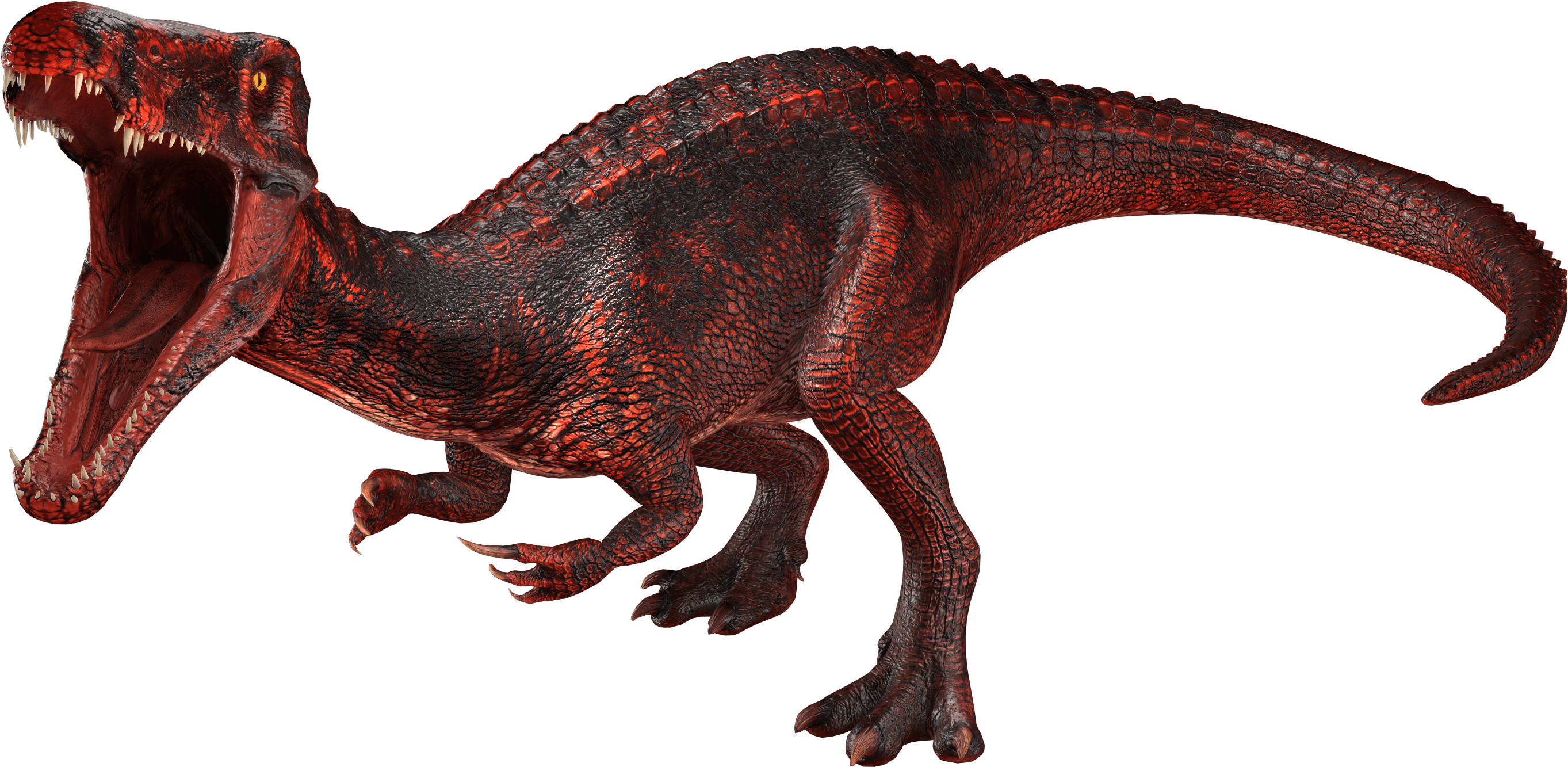 Jurassic World 桌布 壁紙 — 一隻兇猛的紅黑色獸腳亞目恐龍張開嘴巴，在純黑色背景下咆哮。