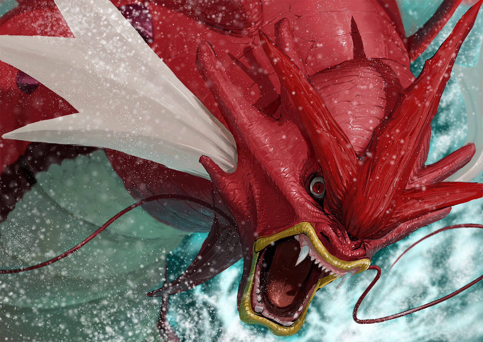 Gyarados 桌布 壁紙 — 一隻兇猛的紅龍長有白色翅膀，在旋轉的藍綠色水和雪花中咆哮，是一幅充滿動感的動畫插圖。