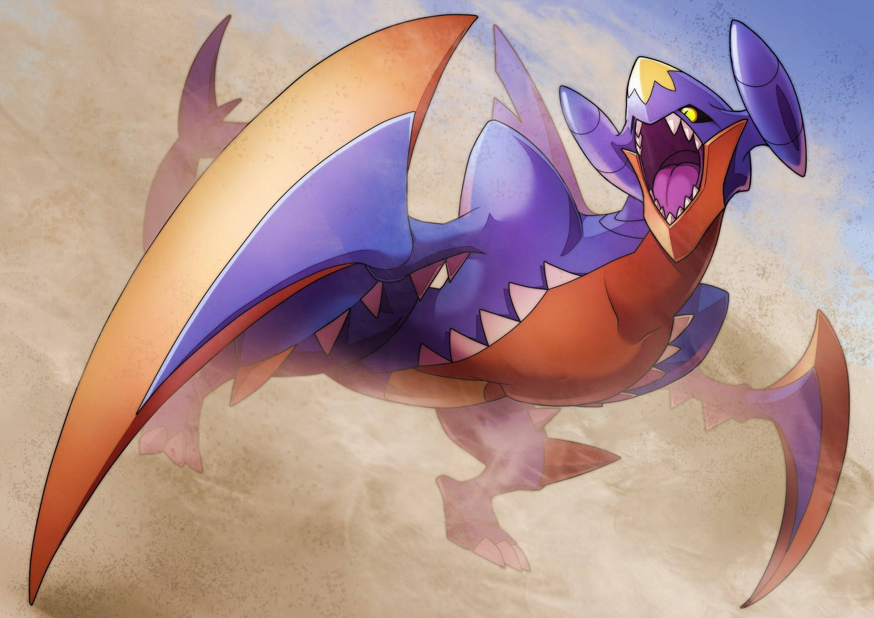 Garchomp 桌布 壁紙 — 一隻兇猛的紫色和橙色龍系寶可夢在沙地背景下咆哮，露出尖銳的牙齒和帶爪的翅膀。