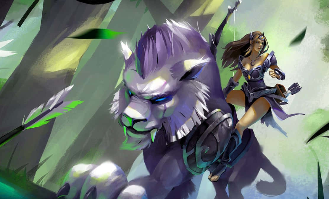 Mirana 桌布 壁紙 — 一隻兇猛的紫色狼，眼睛發光，衝過森林，一名女戰士騎在牠身上揮舞著箭。
