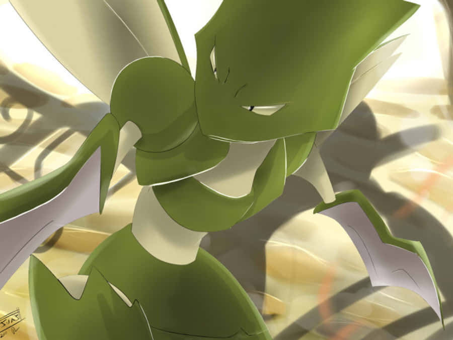 Scyther 桌布 壁紙 — 一隻兇猛的綠色動畫昆蟲寶可夢，擁有鋒利的爪子和發光的眼睛，在模糊的金色背景下強烈凝視。