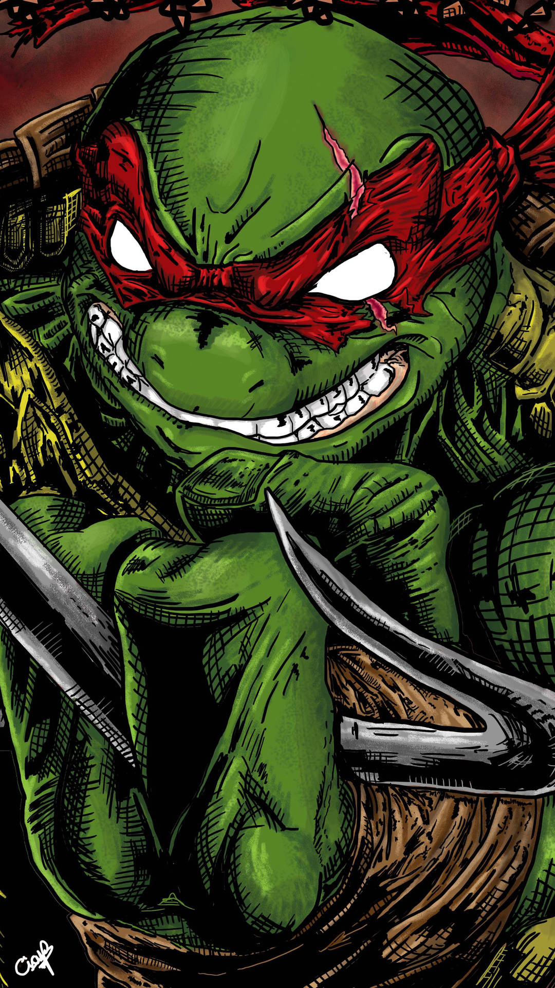 Ninja Turtle 桌布 壁紙 — 一隻兇猛的綠色忍者龜，戴著紅色面具和鋒利爪子，在深紅色背景下強烈凝視。