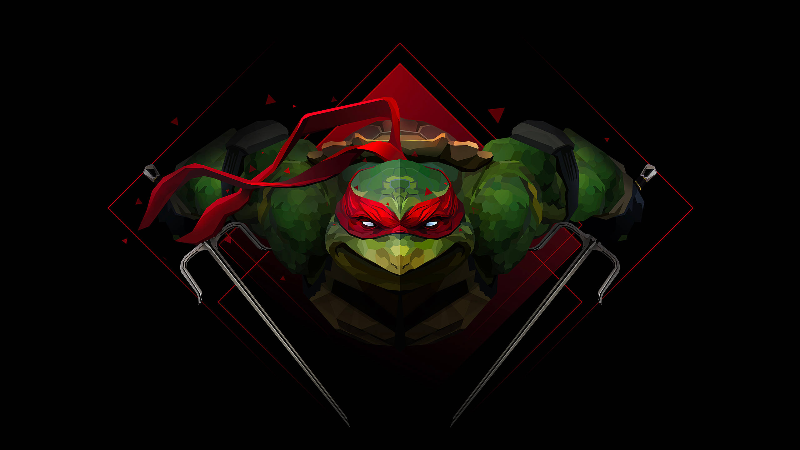 Ninja Turtle 桌布 壁紙 — 一隻兇猛的綠色忍者龜，戴著紅色面具和頭巾，在黑色背景前手持雙叉武器，背景由紅色幾何線條框住。