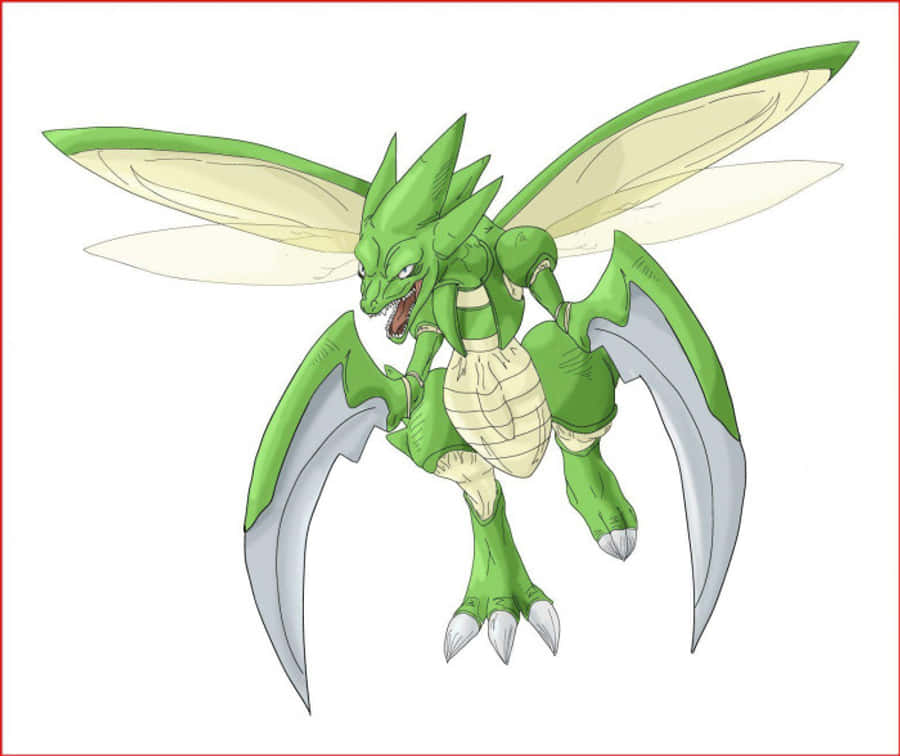Scyther 桌布 壁紙 — 一隻兇猛的綠色蜻蜓狀生物，擁有大型透明翅膀和鋒利爪子，在純白色背景上咆哮。