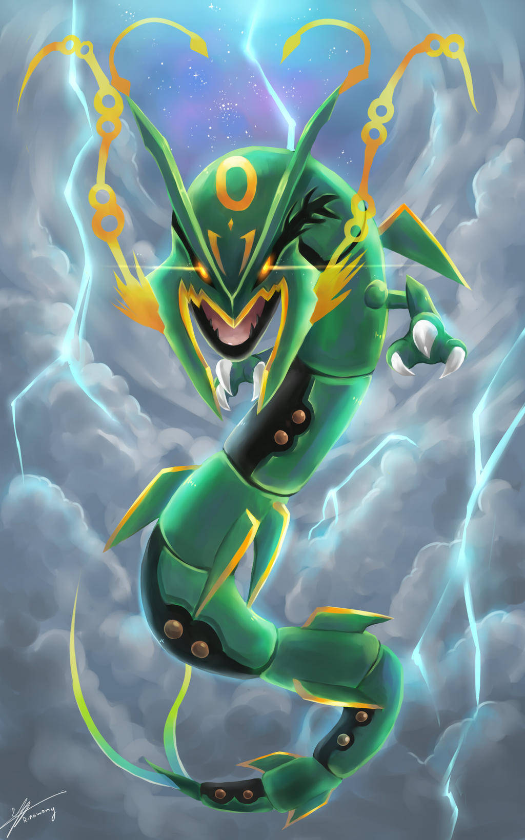 Rayquaza 桌布 壁紙 — 一隻兇猛的綠色電龍，帶有發光的黃色點綴，在暴風雲和噼啪作響的閃電中咆哮。