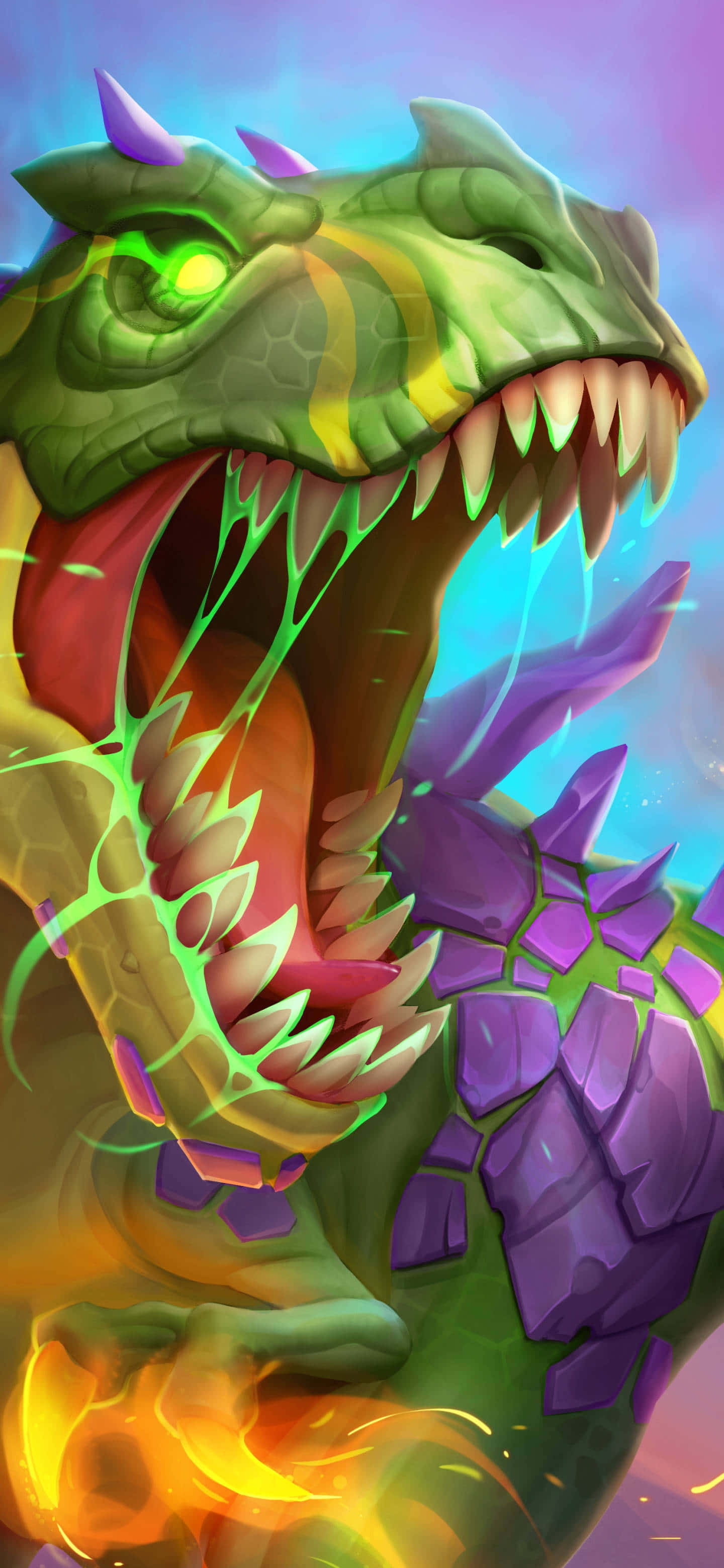 電玩遊戲 桌布 壁紙 — 一隻兇猛的綠色龍，眼睛發光，帶有紫色尖刺，在鮮豔的天空下咆哮，口中噴出火焰。