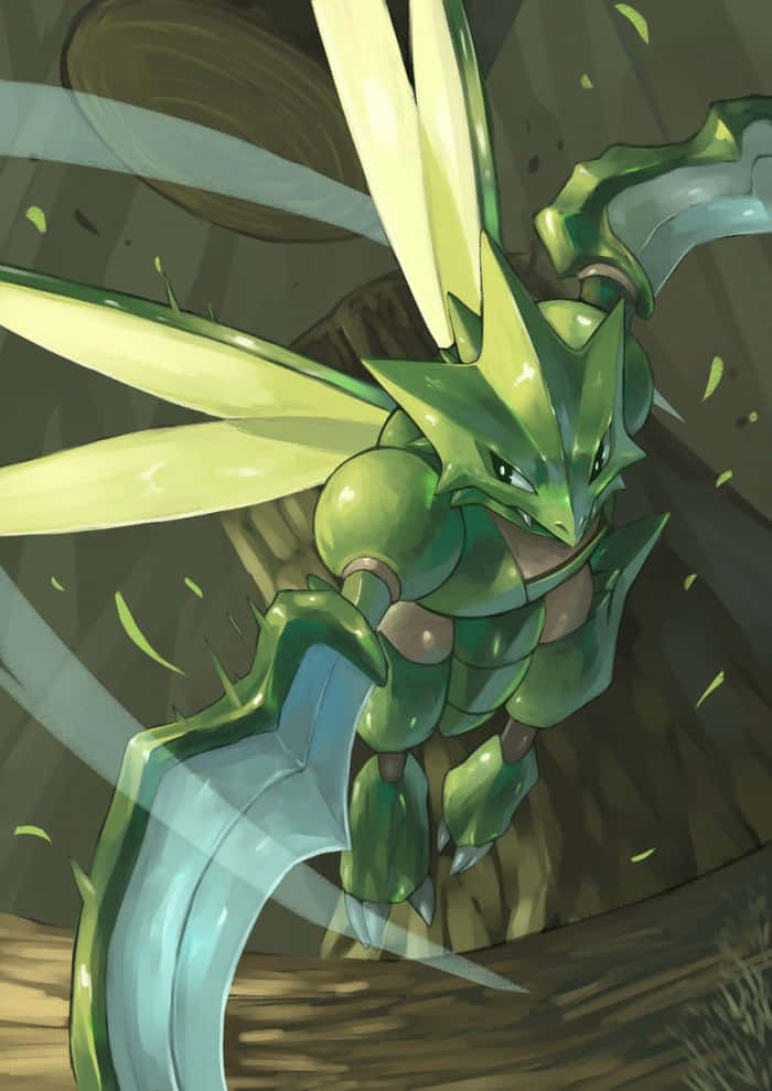 Scyther 桌布 壁紙 — 一隻兇猛的綠色龍系寶可夢，擁有發光的黃色翅膀和鋒利的刀刃，在動態的動漫插圖中向前猛衝。