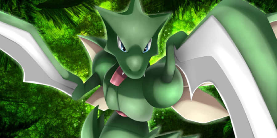 Scyther 桌布 壁紙 — 一隻兇猛的綠色龍系寶可夢，長有白色翅膀，在閃爍的翠綠葉片中咆哮。