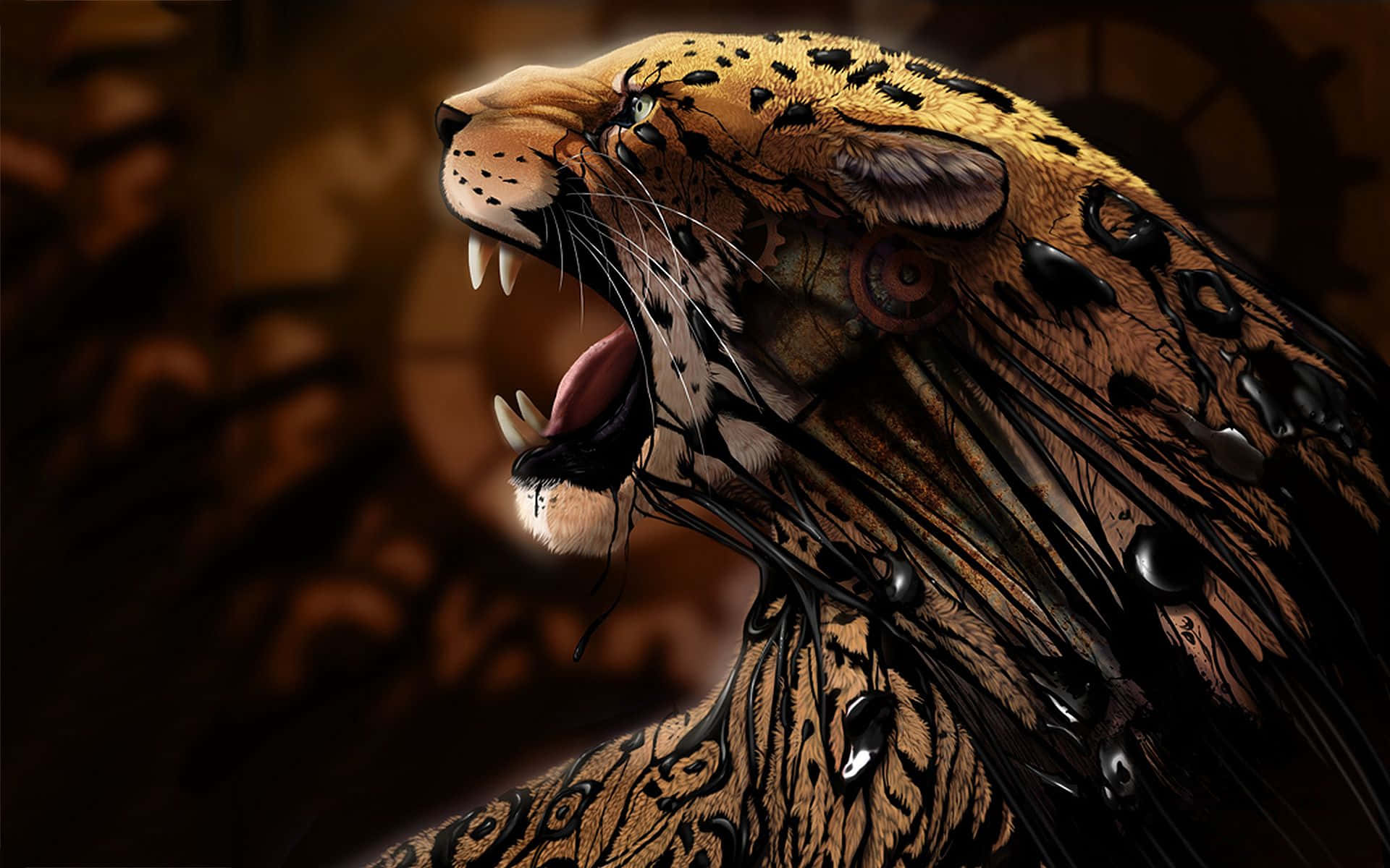 Jaguar 桌布 壁紙 — 一隻兇猛的美洲豹咆哮著，眼睛發光，深色液體從牠的皮毛滴落，背景是模糊的暖色調。