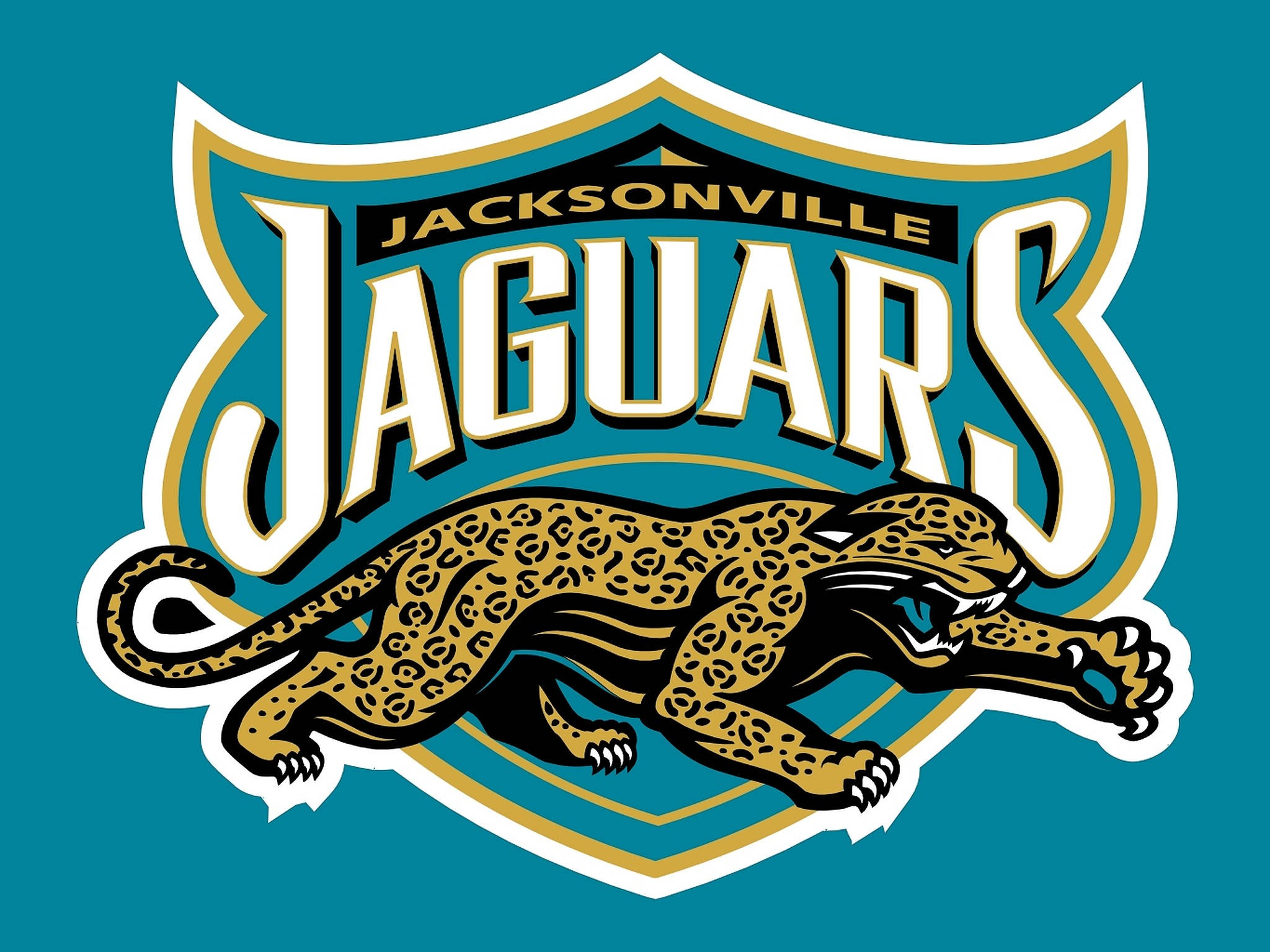 Jaguars 桌布 壁紙 — 一隻兇猛的美洲豹在粗體 'Jacksonville Jaguars' 字樣下跳躍，構成藍綠色和金色的盾牌標誌。
