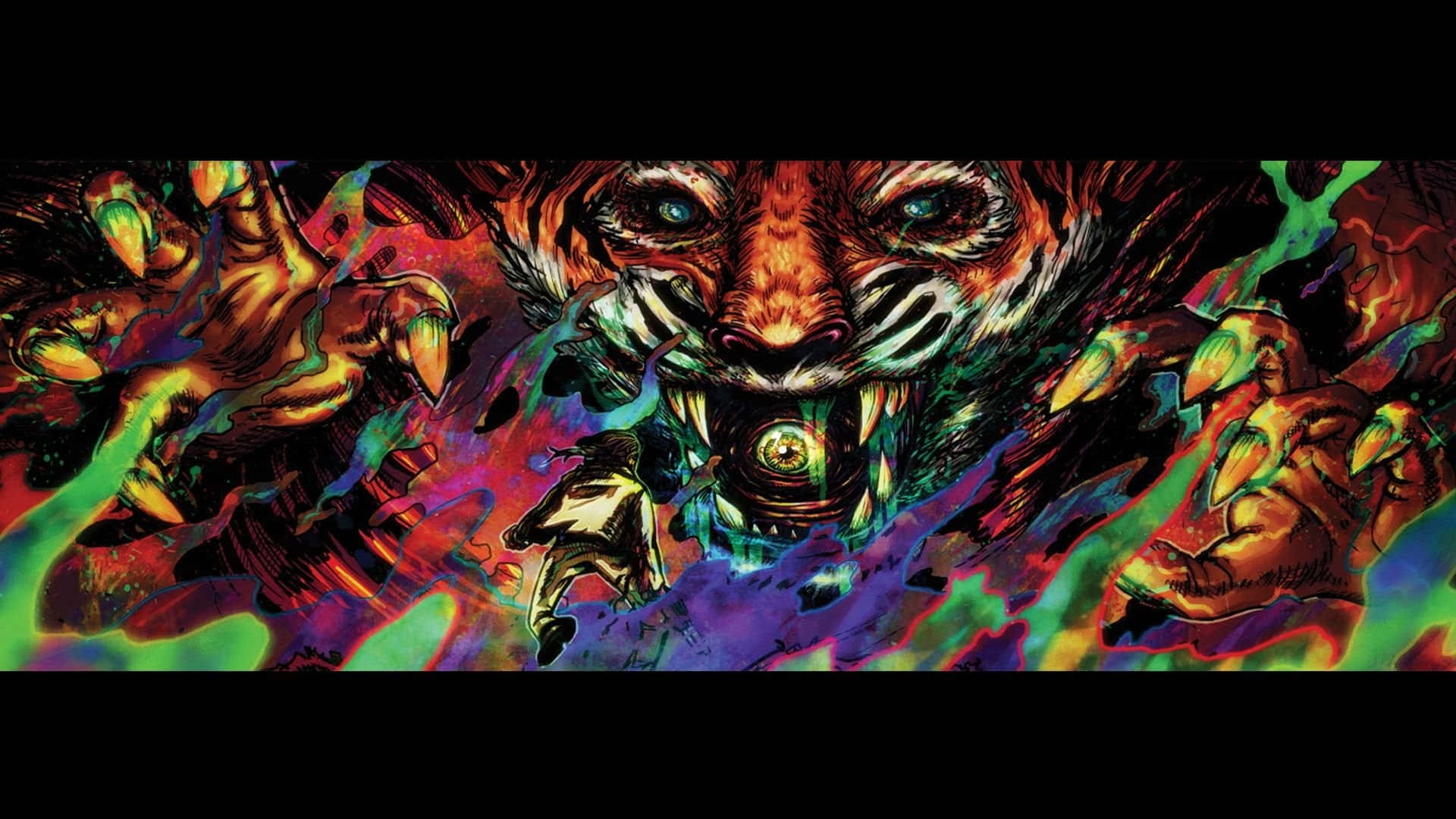 Hotline Miami 桌布 壁紙 — 一隻兇猛的老虎，眼睛和爪子發光，向前猛撲，對抗霓虹色彩的迷幻漩渦。