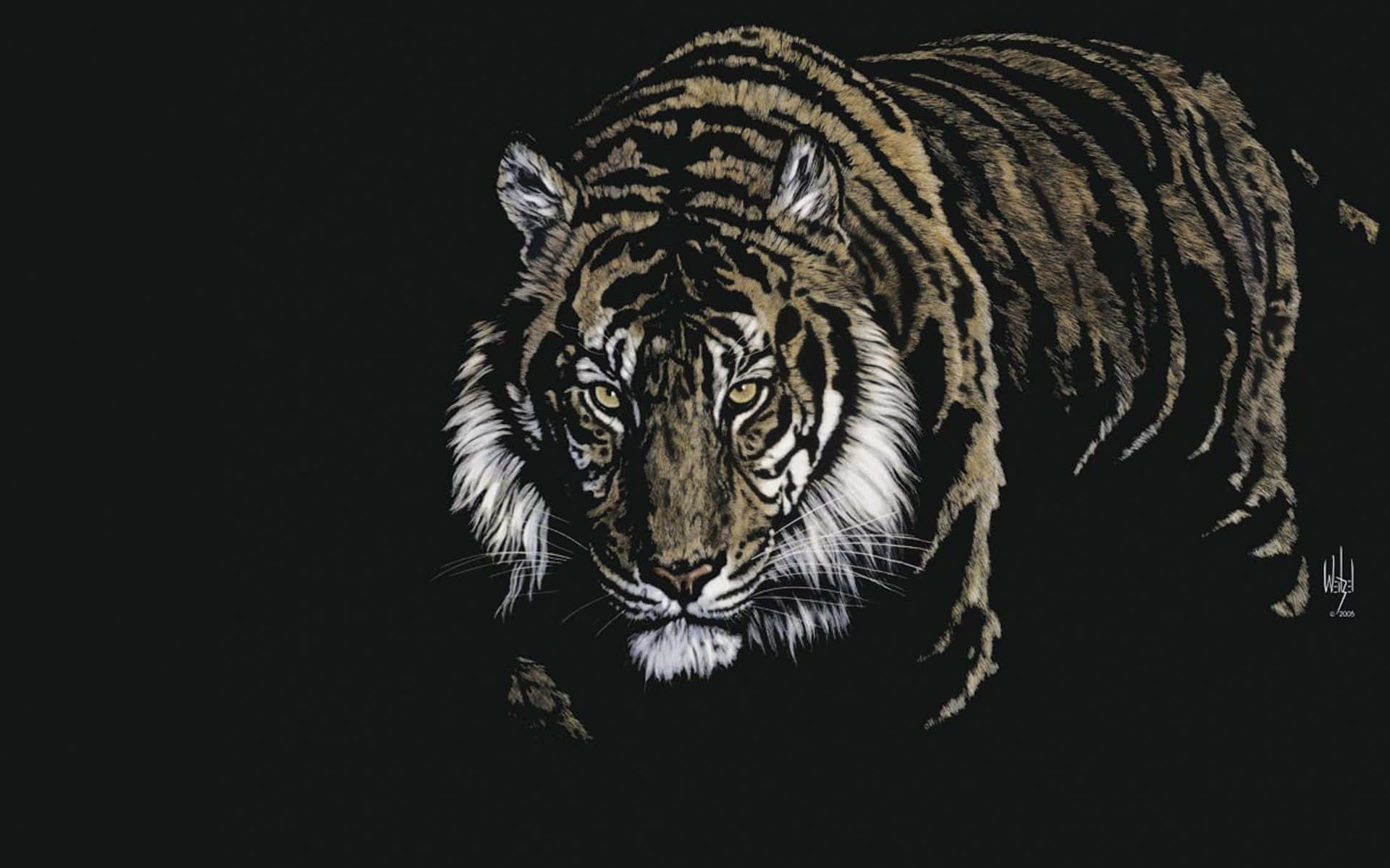 3d Animal 桌布 壁紙 — 一隻兇猛的老虎，雙眼發光，在純黑背景前直視前方，毛髮以大地色調細緻描繪。