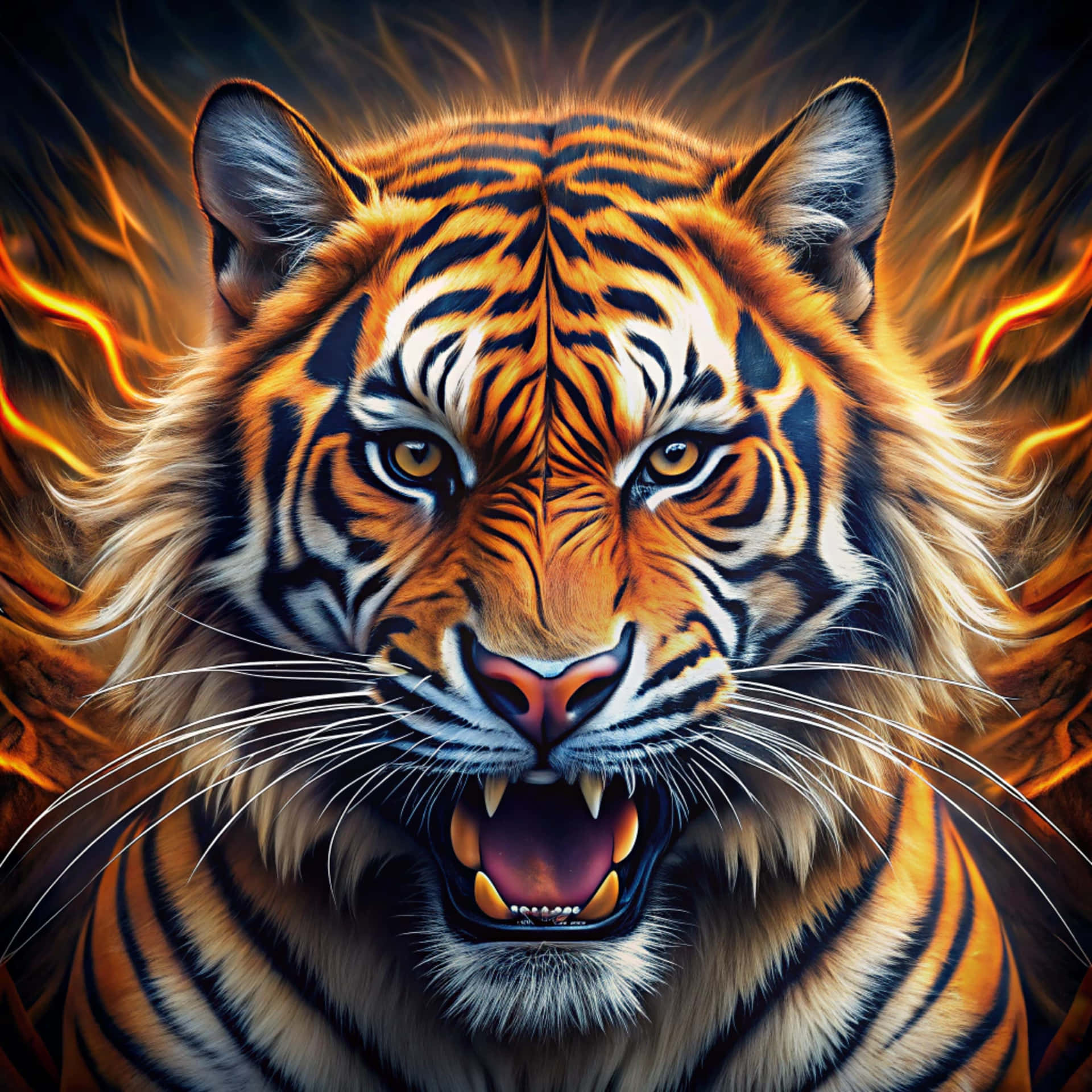 Tiger 壁紙 — 一隻兇猛的老虎在黑暗背景中咆哮，眼睛發光，周圍環繞著動態的橙色火焰。