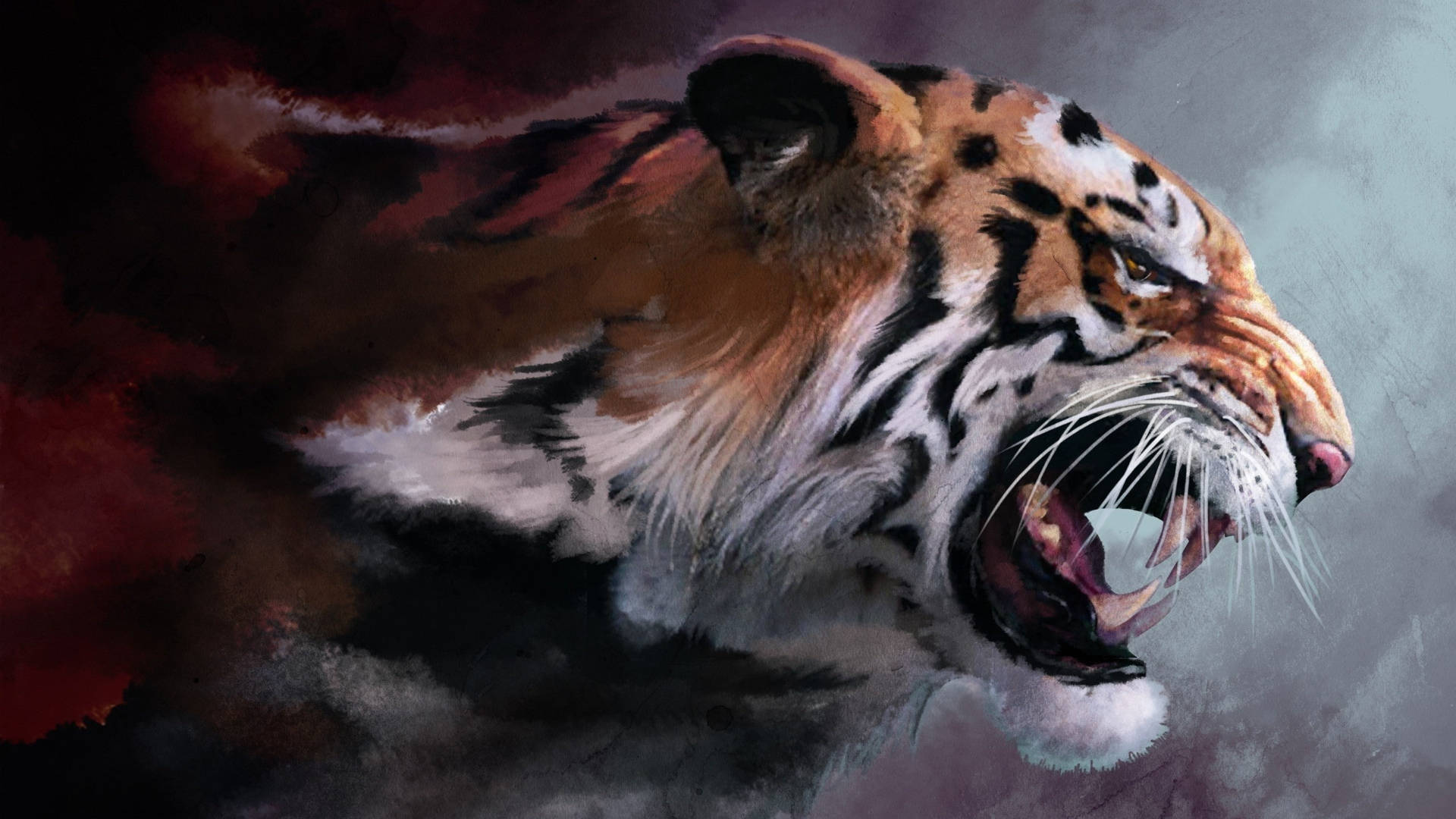 harimau 桌布 壁紙 — 一隻兇猛的老虎張牙舞爪，在煙霧瀰漫的紅色和灰色背景下以戲劇性的水彩風格咆哮。