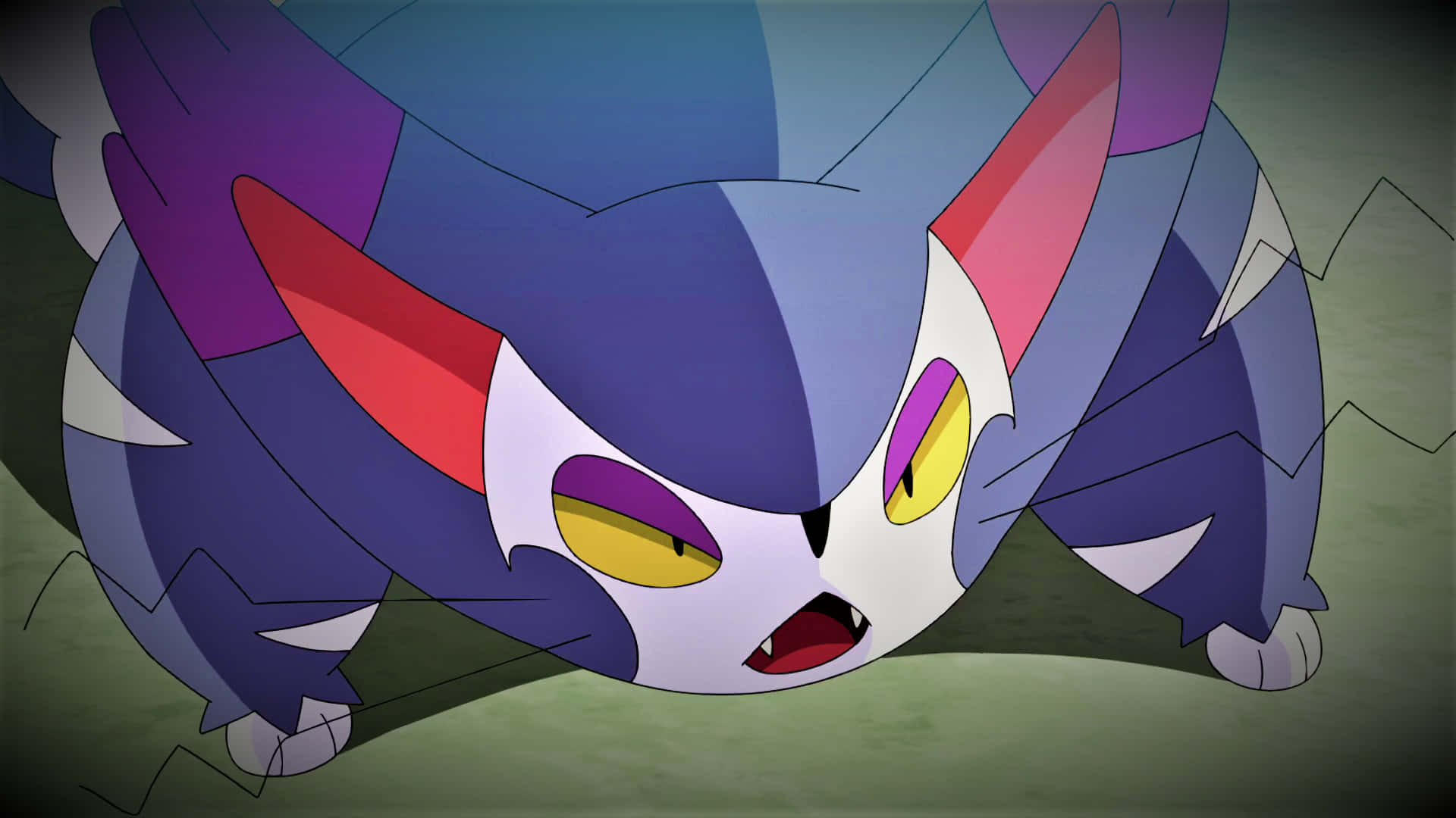 Pokemon 桌布 壁紙 — 一隻兇猛的藍紫色動漫貓科生物，黃色眼睛，低伏咆哮。