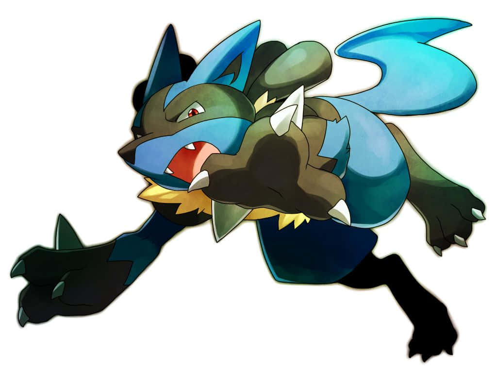Pokemon Lucario 桌布 壁紙 — 一隻兇猛的藍綠色狼型寶可夢，伸出鋒利爪子，眼睛發出紅光，在純白背景前猛撲向前。