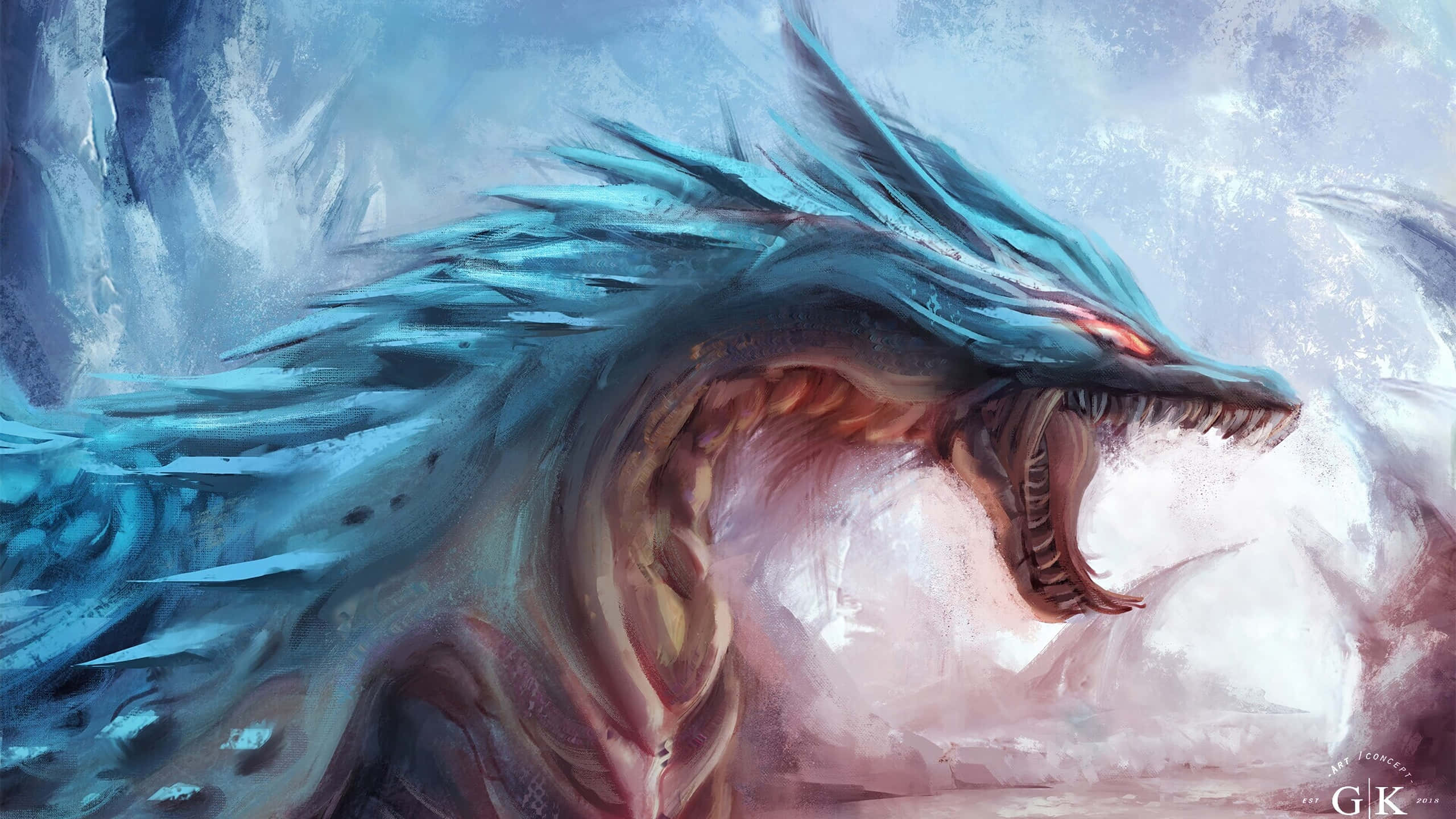 Mystical Dragon 桌布 壁紙 — 一隻兇猛的藍色巨龍，雙眼發出紅光，在冰崖和旋轉的雪花中咆哮。