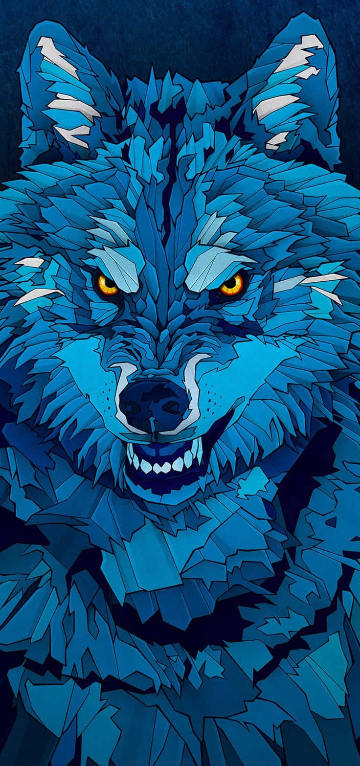 graphic art 桌布 壁紙 — 一隻兇猛的藍色水晶狼，擁有發光的琥珀色眼睛，在黑暗背景下強烈凝視。