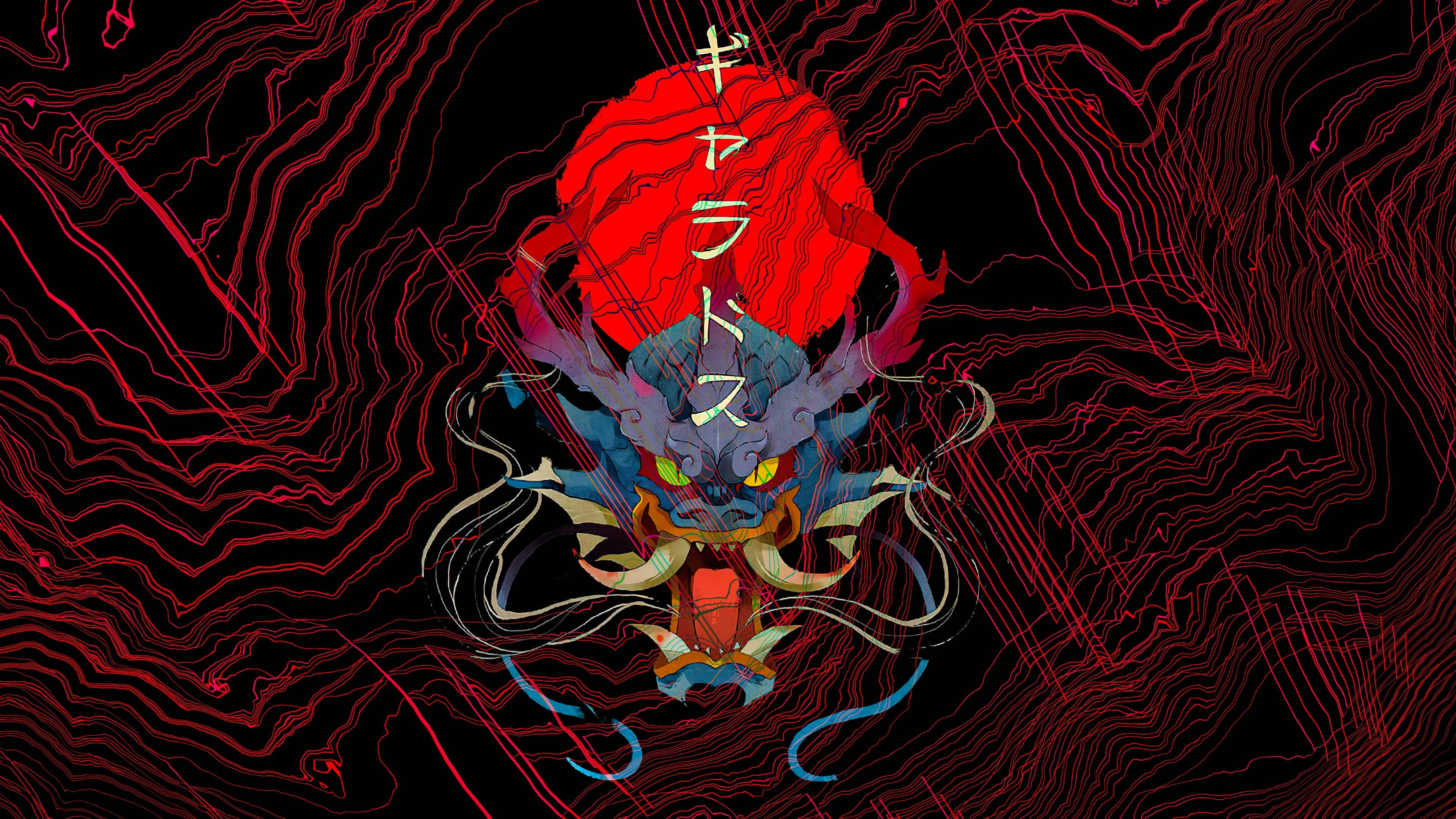 Gyarados 桌布 壁紙 — 一隻兇猛的藍色龍，擁有發光的黃色眼睛和紅色鬃毛，在帶有紅色地形線的黑色背景上咆哮。