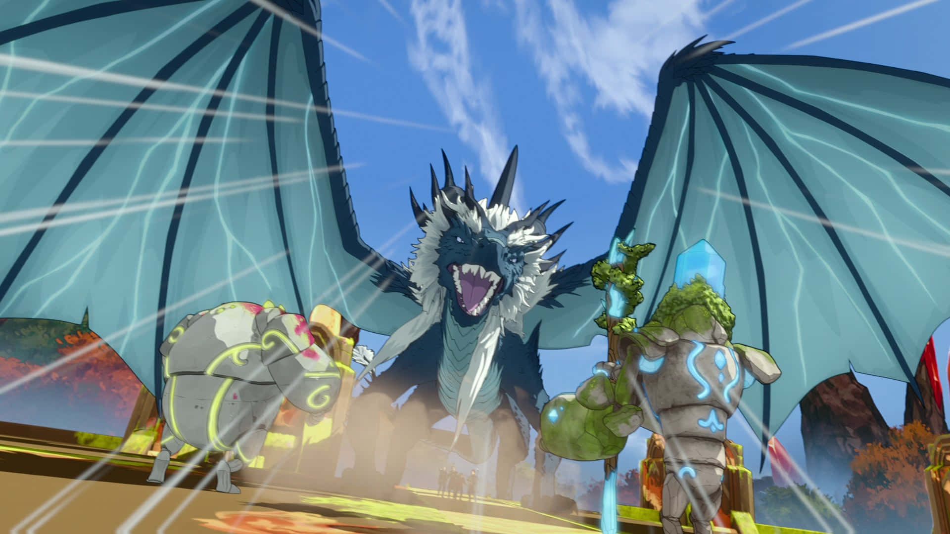 The Dragon Prince 桌布 壁紙 — 一隻兇猛的藍色龍，長有尖刺鬃毛，在明亮的天空下咆哮，兩名身穿鎧甲的戰士在下方準備就緒。